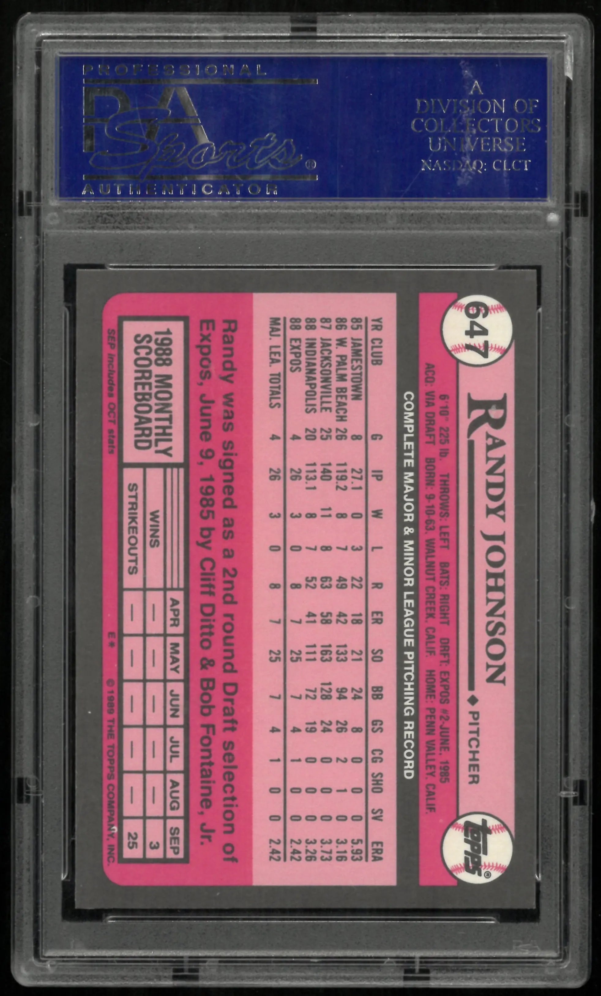 1989 Topps Tiffany Baseball Randy Johnson RC Rookie #647 PSA 10 