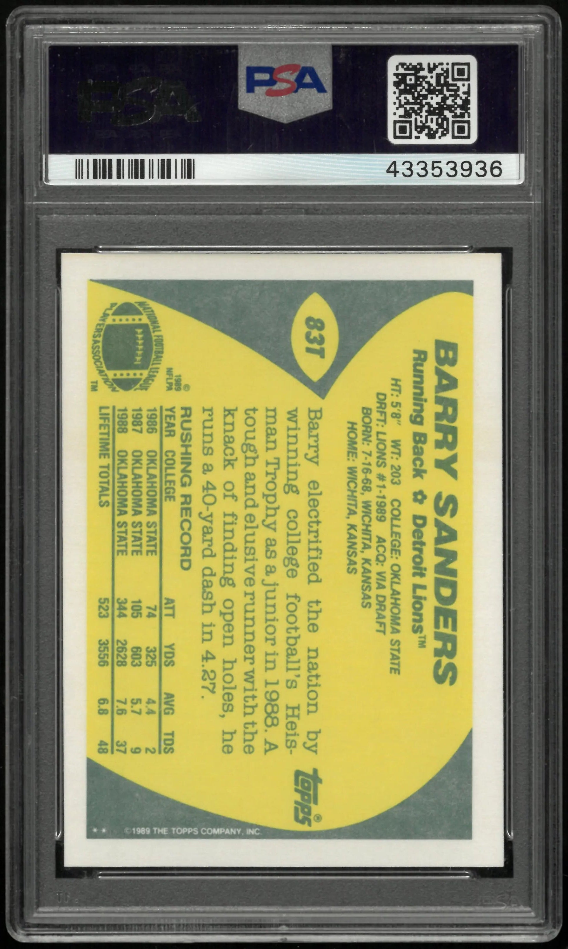 1989 Topps Traded Barry Sanders #83T Rookie RC PSA 9 