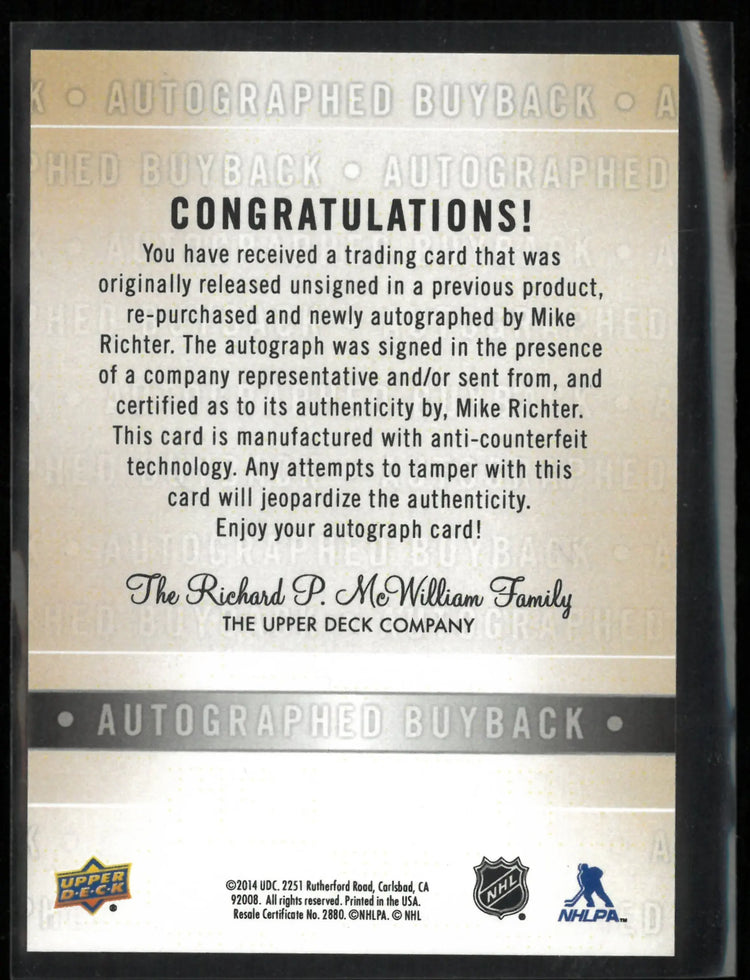 1990-91 Upper Deck Autographed Mike Richter Rookie RC /25 