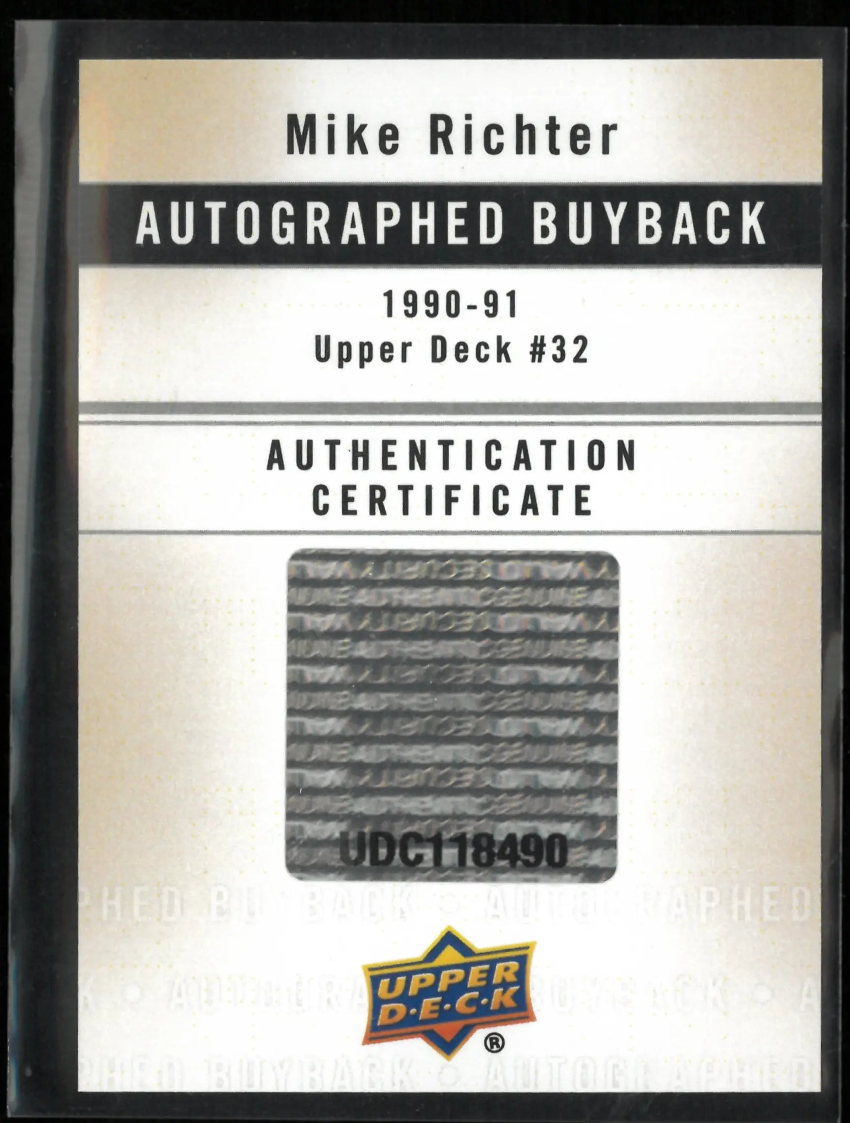 1990-91 Upper Deck Autographed Mike Richter Rookie RC /25 