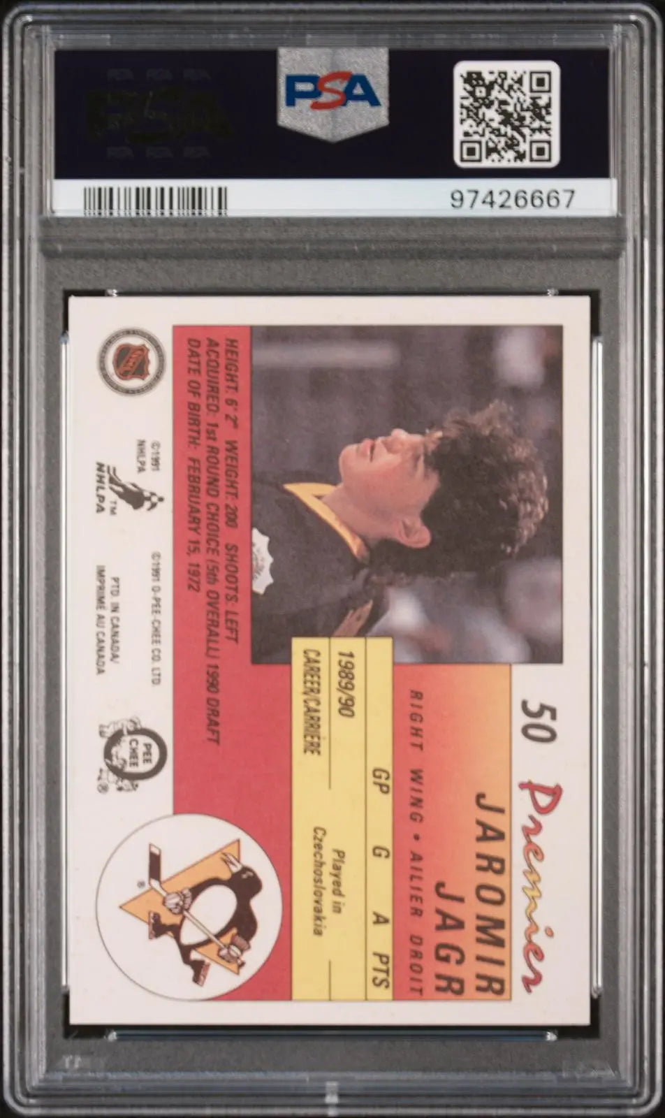 1990 O-Pee-Chee OPC Premier Rookie Jaromir Jagr RC PSA 10 