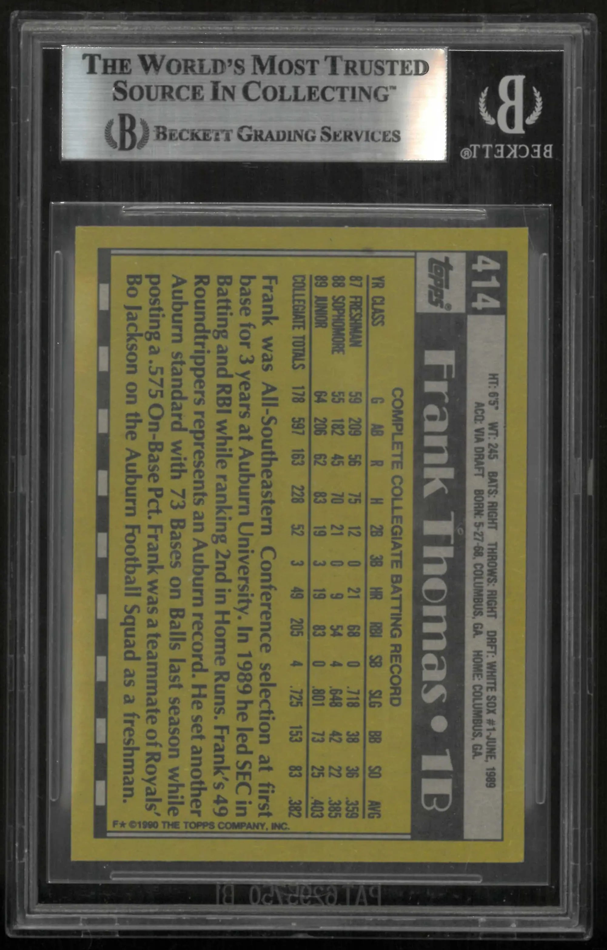 1990 Topps Baseball Rookie Autograph Baseball Frank Thomas RC BGS Authentic Auto 