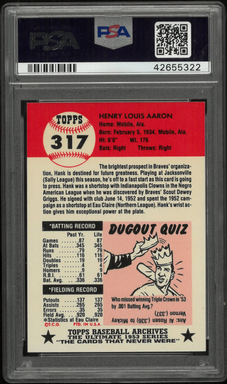 1991 Topps Archives Baseball 1953 Reprint Hank Aaron #317 PSA 9 