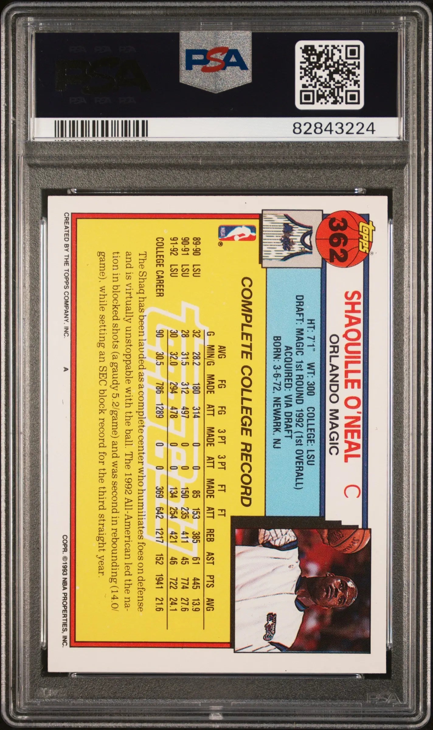 1992 Topps Gold Draft Picks Shaquille O'Neal RC Rookie Auto PSA Authentic Auto 9 