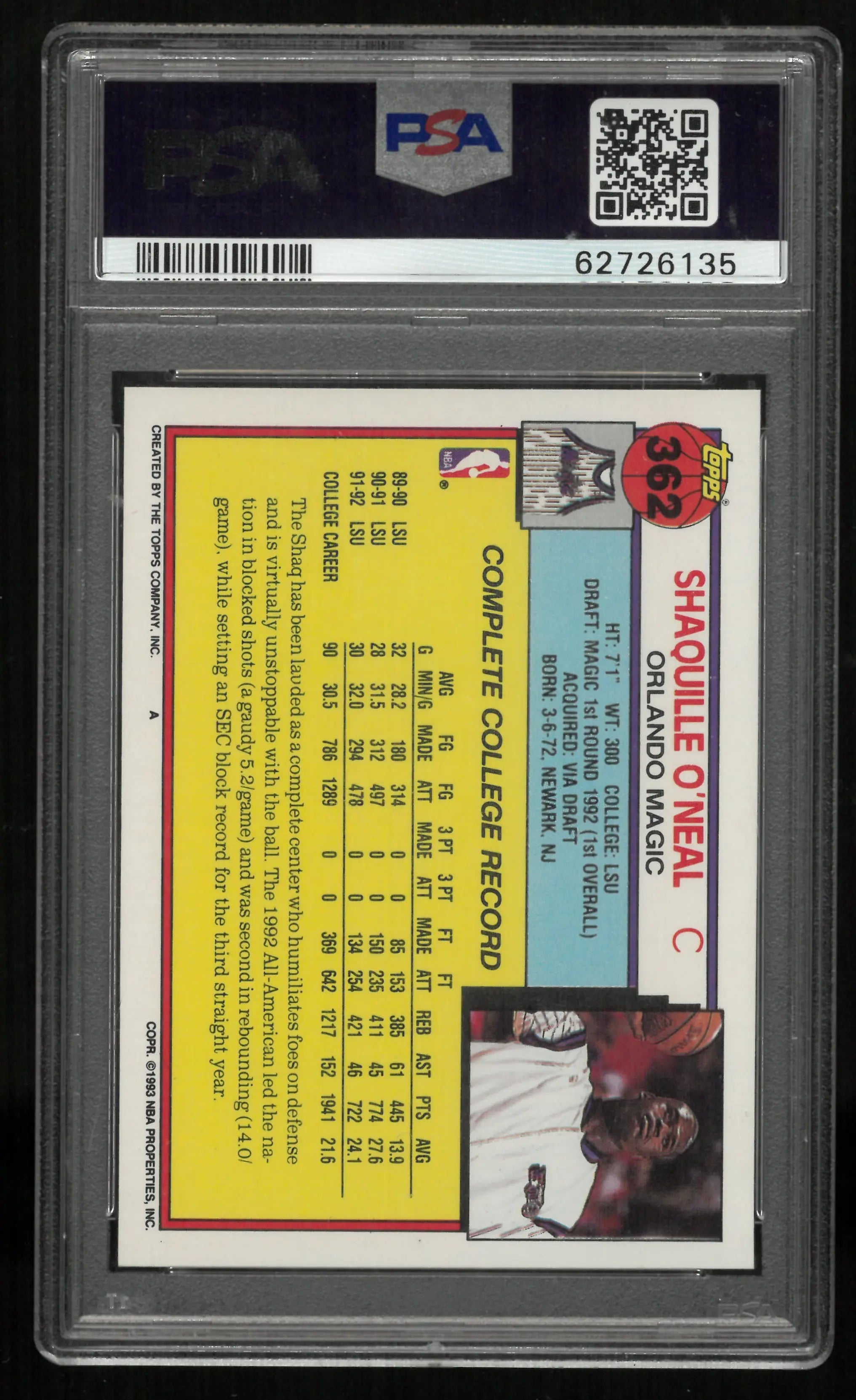 1992 Topps Rookie Shaquille O'Neal RC PSA 10 