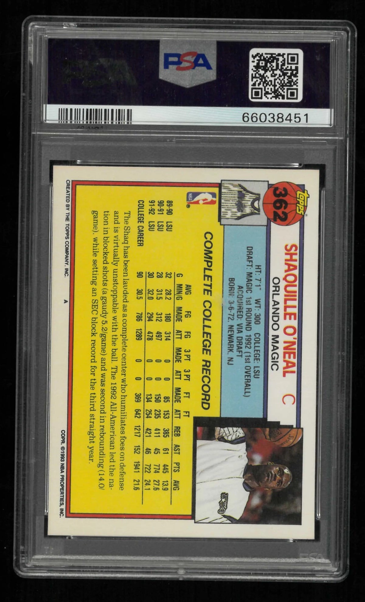 1992 Topps Rookie Shaquille O'Neal RC PSA 10 