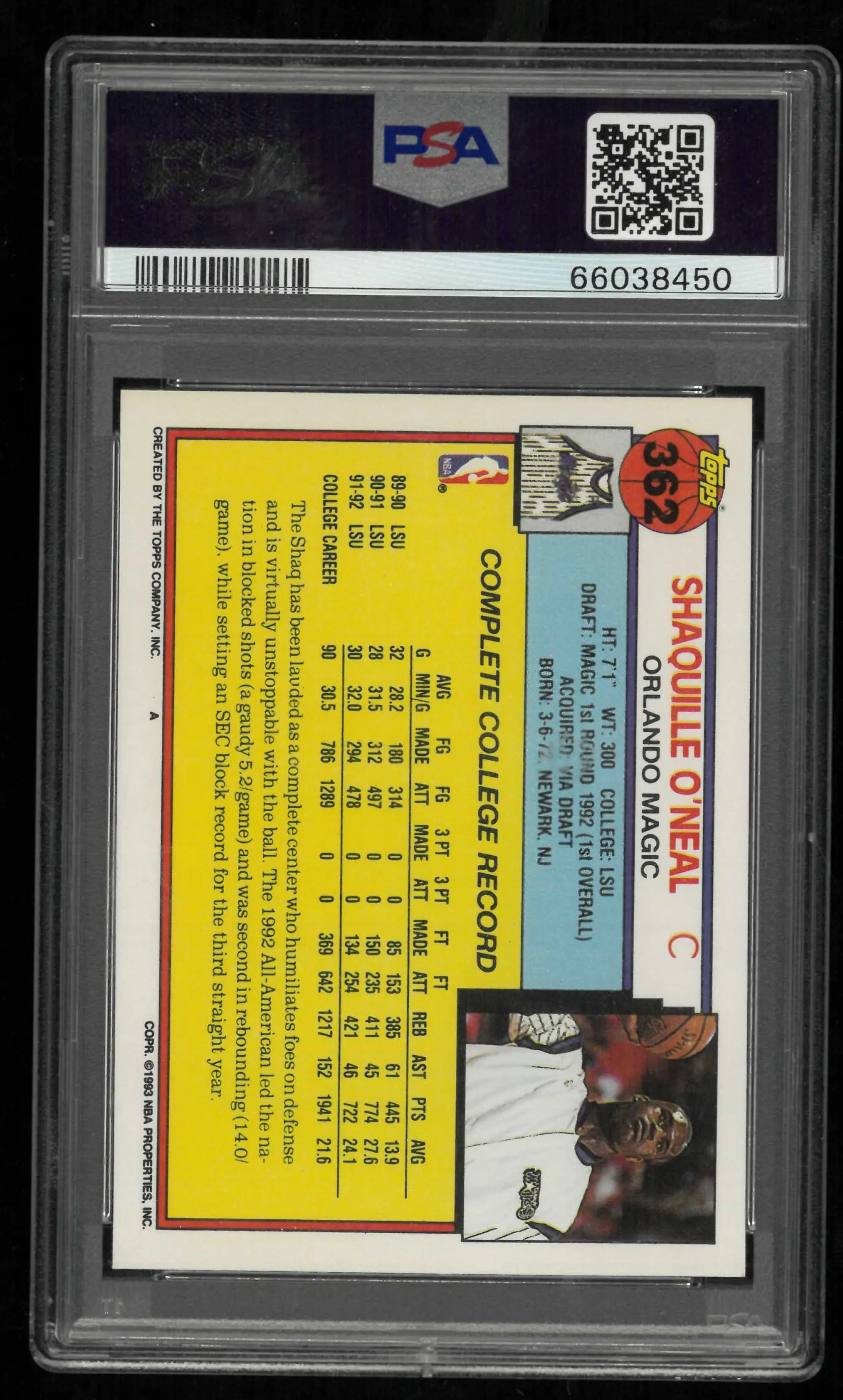 1992 Topps Rookie Shaquille O'Neal RC PSA 8 