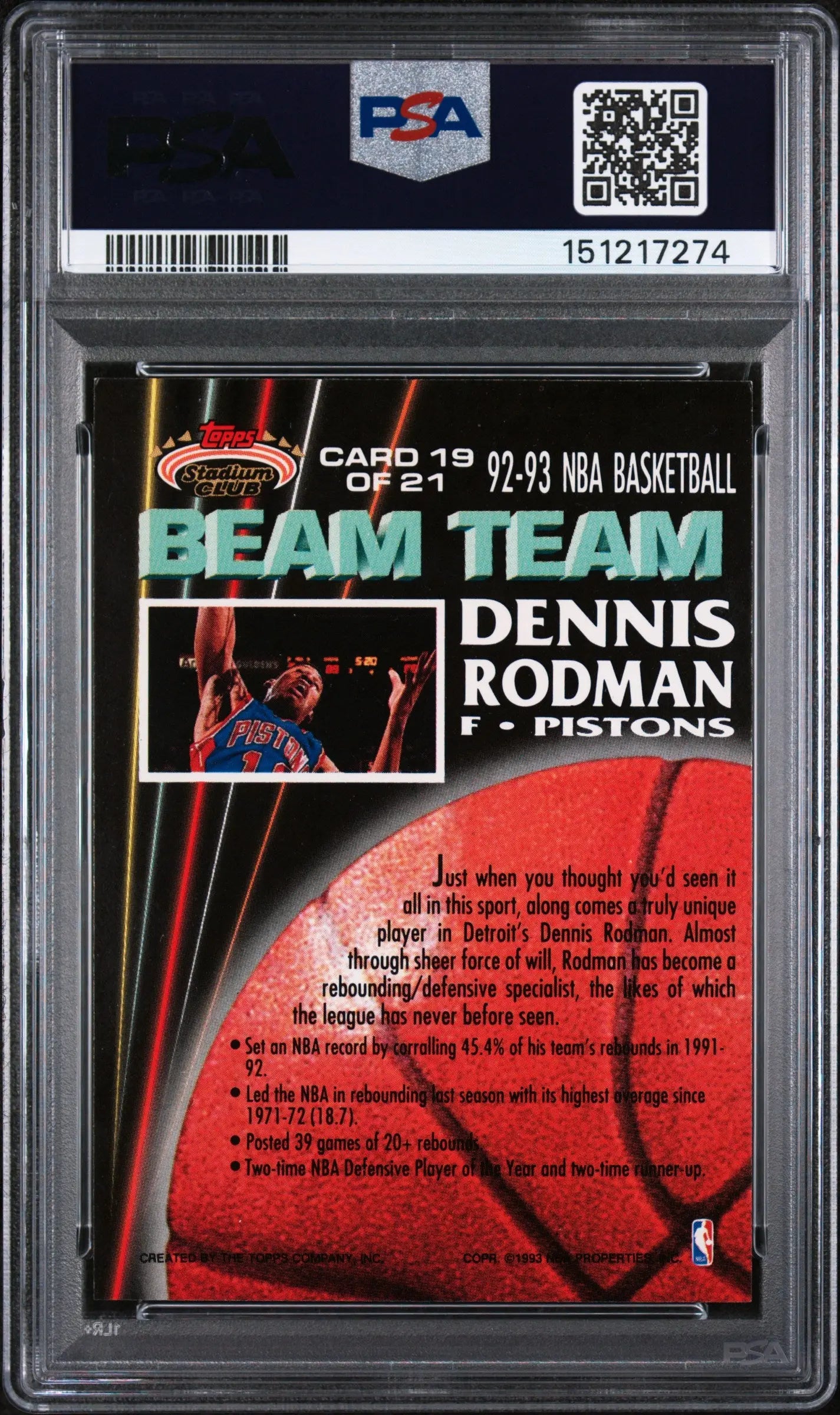 1992 Topps Stadium Club Beam Team Dennis Rodman PSA 8 