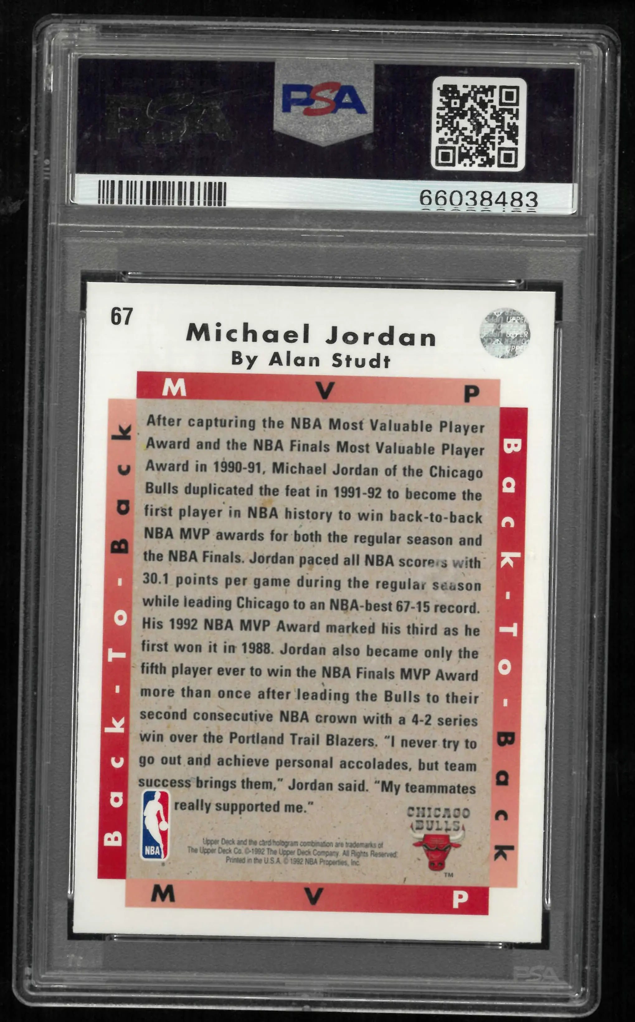 1992 Upper Deck Back To Back MVP Michael Jordan PSA 9 