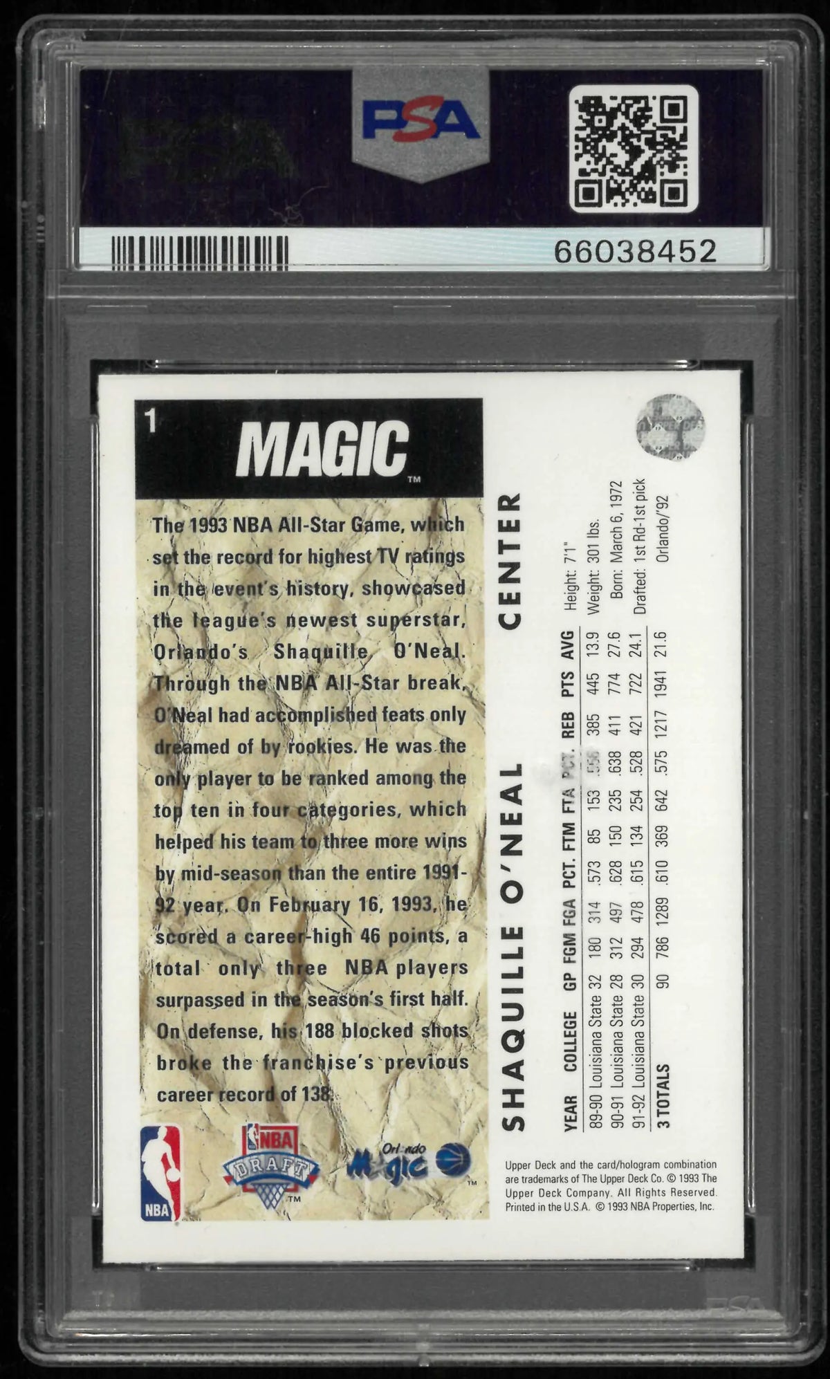 1992 Upper Deck Rookie Shaquille O'Neal RC PSA 7 