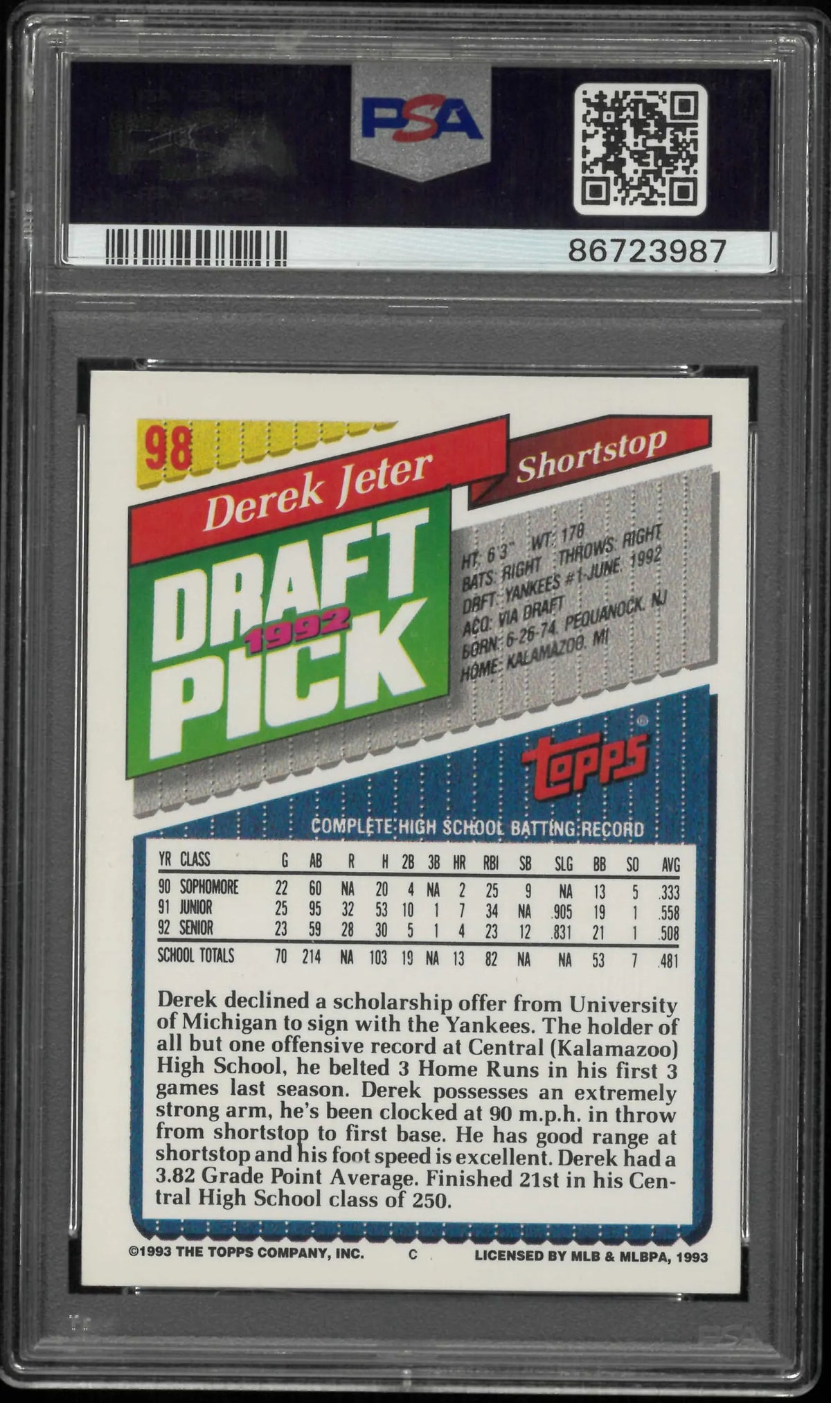 1993 Topps 1992 Draft Pick Gold Derek Jeter PSA 7 
