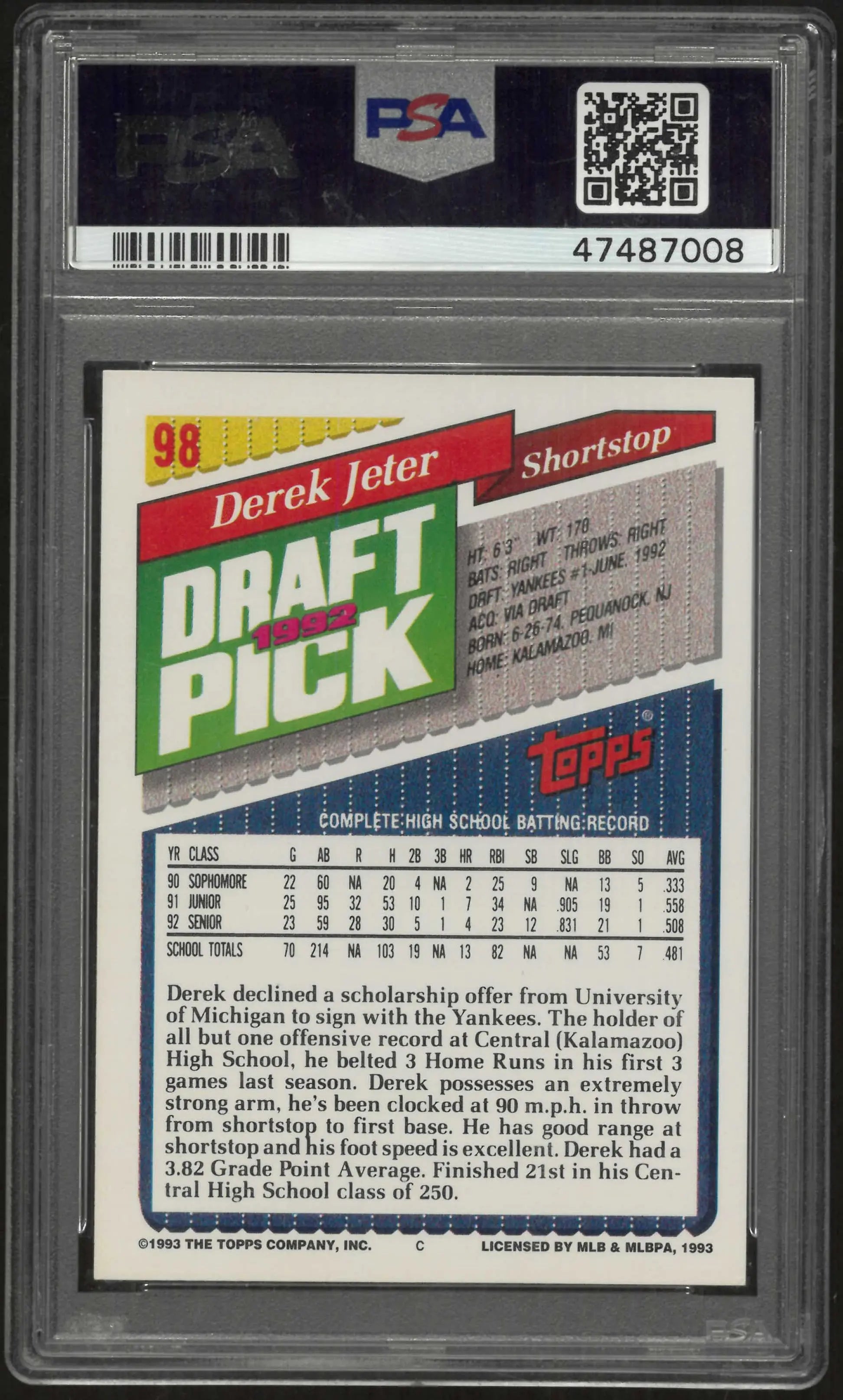 1993 Topps Draft Pick Derek Jeter PSA 9 