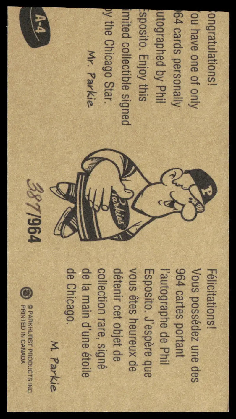 1994-95 Parkhurst Phil Esposito Signed Tall Boy Hockey Card #A-4 Autographed /964 