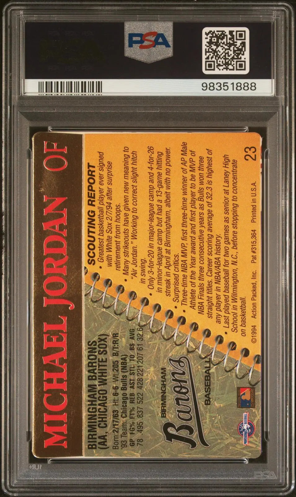 1994 Action Packed Scouting Report Baseball Michael Jordan PSA 8 