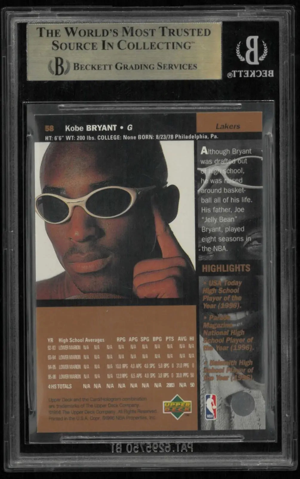 1996-97 Upper Deck Basketball Rookie Kobe Bryant RC BGS 9.5 