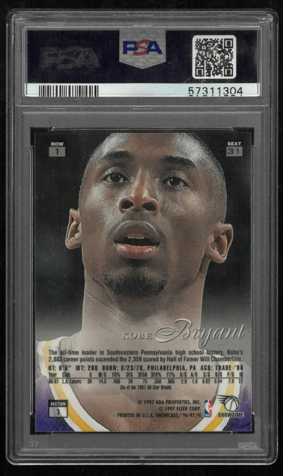 1996 Fleer Flair Showcase Rookie Kobe Bryant RC Row 1 Seat 31 Showtime PSA 8 