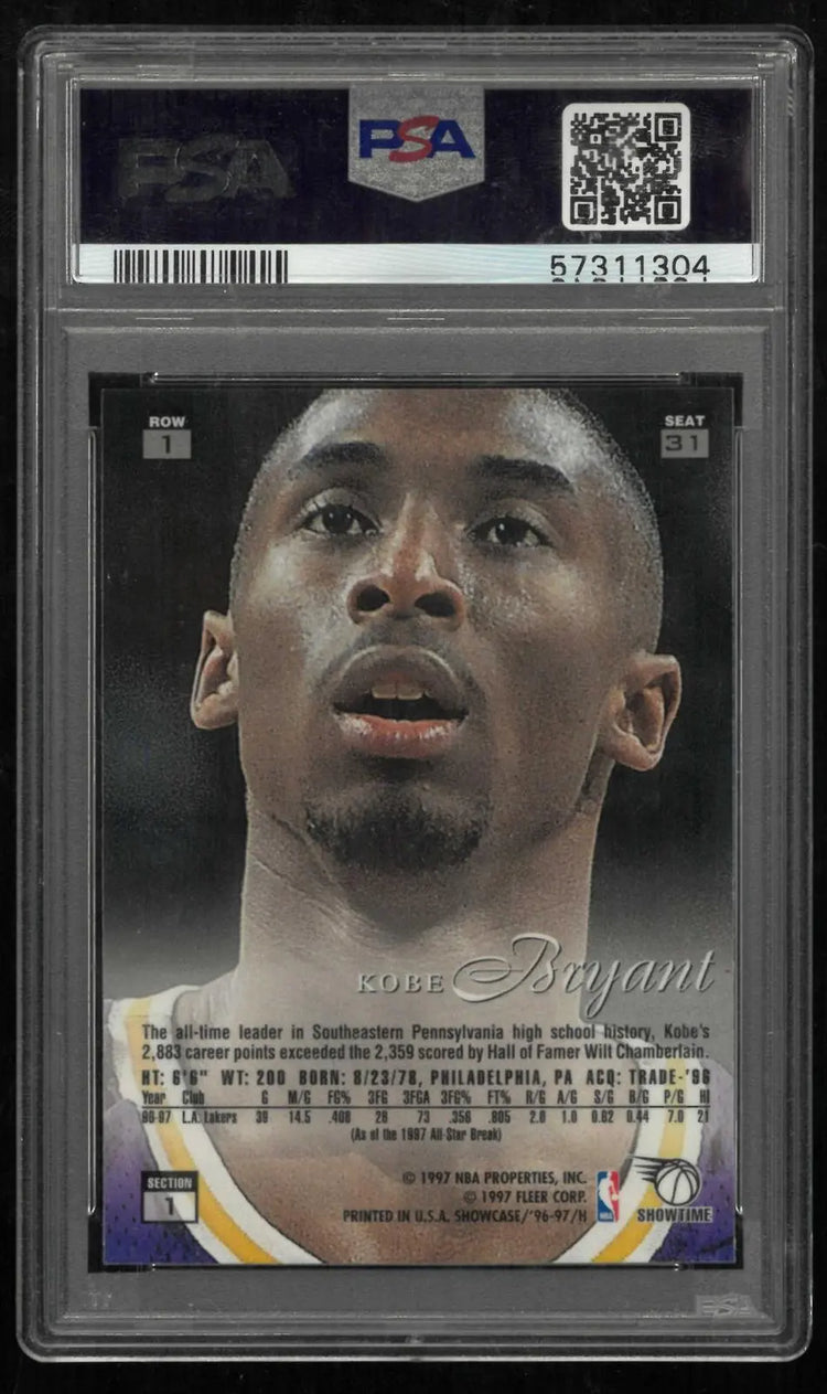 1996 Fleer Flair Showcase Rookie Kobe Bryant RC Row 1 Seat 31 Showtime PSA 8 