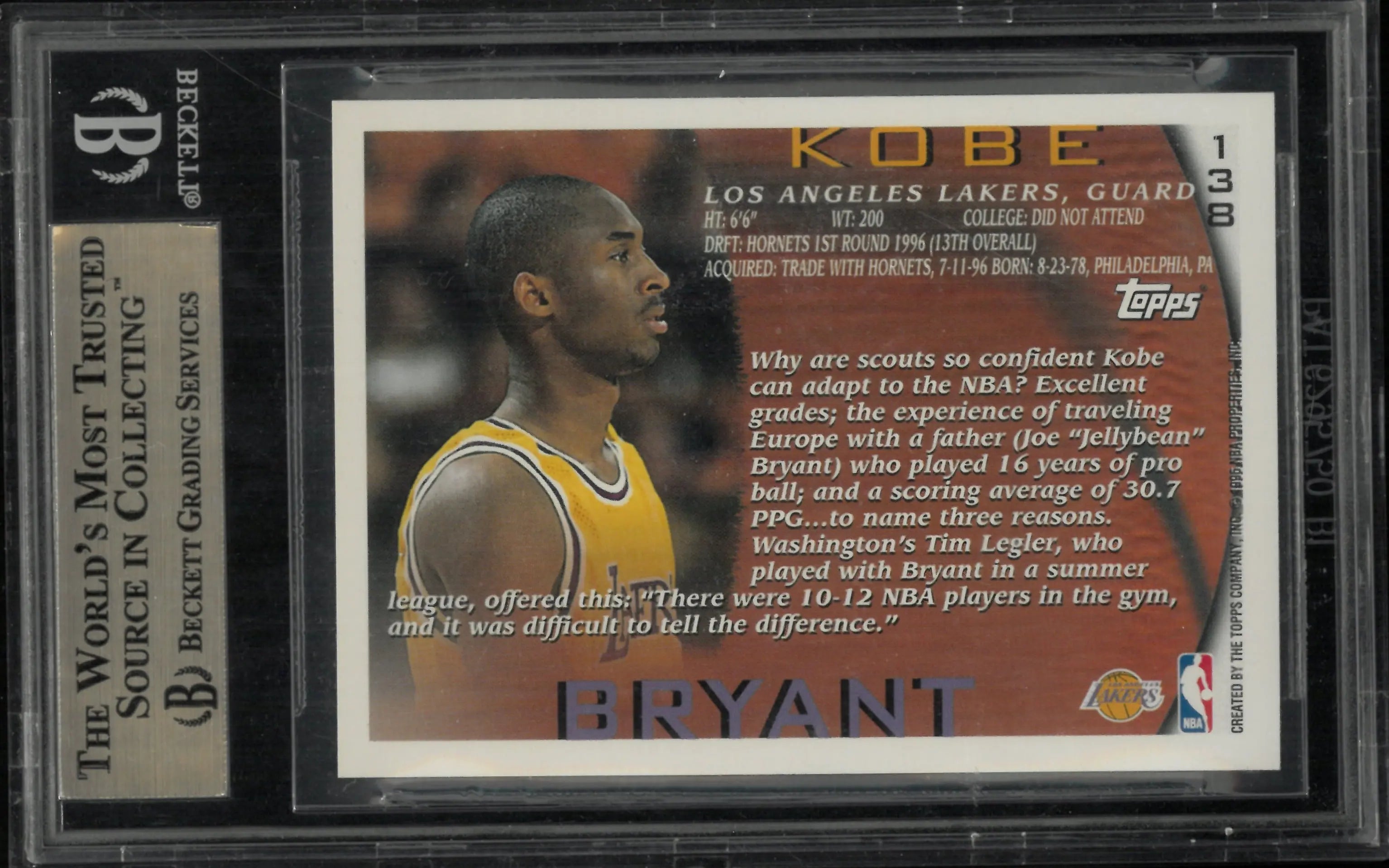 1996 Topps Basketball Kobe Bryant #138 RC Rookie BGS 9.5 