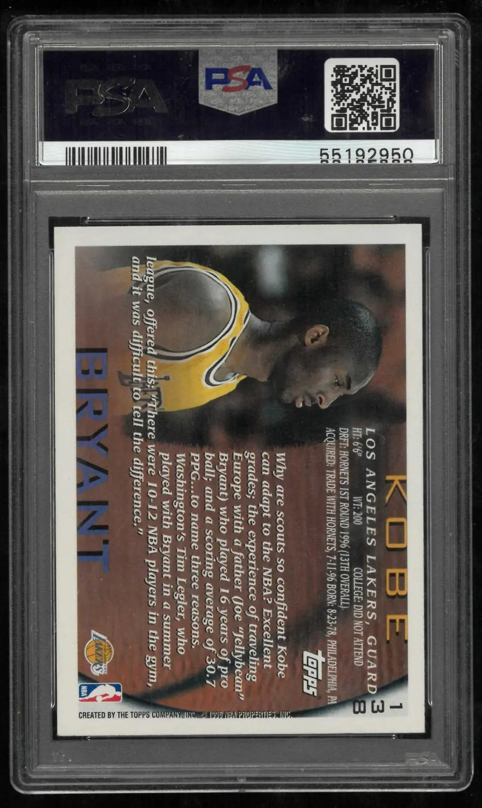 1996 Topps Basketball Rookie Kobe Bryant RC NBA 50th Anniversary PSA 8 