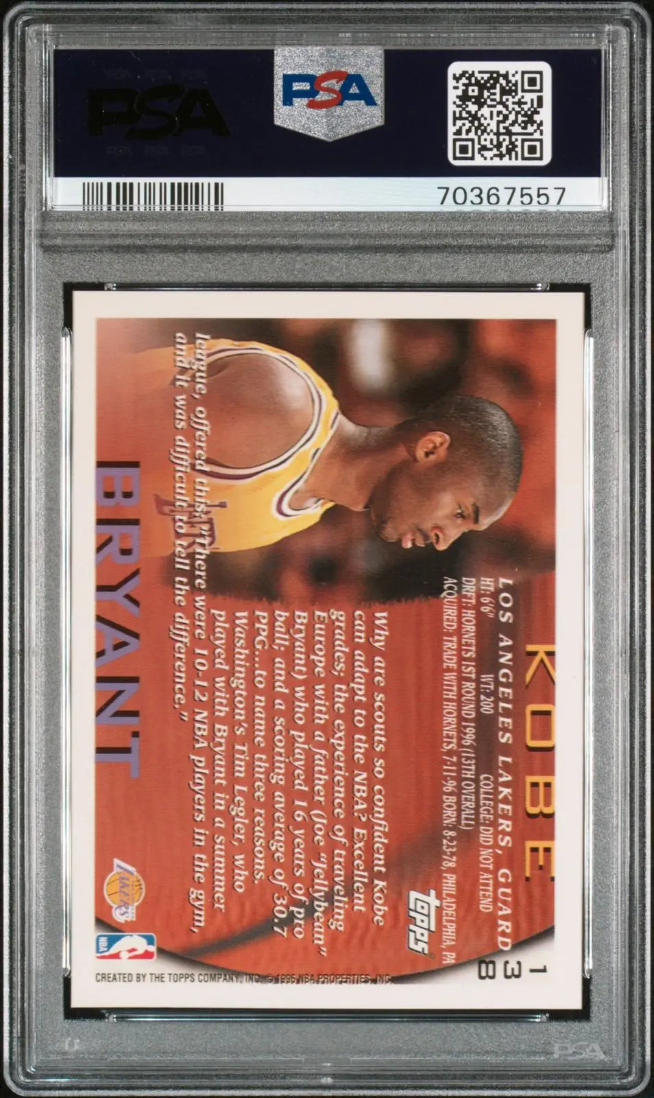 1996 Topps Basketball Rookie Kobe Bryant RC PSA 9 