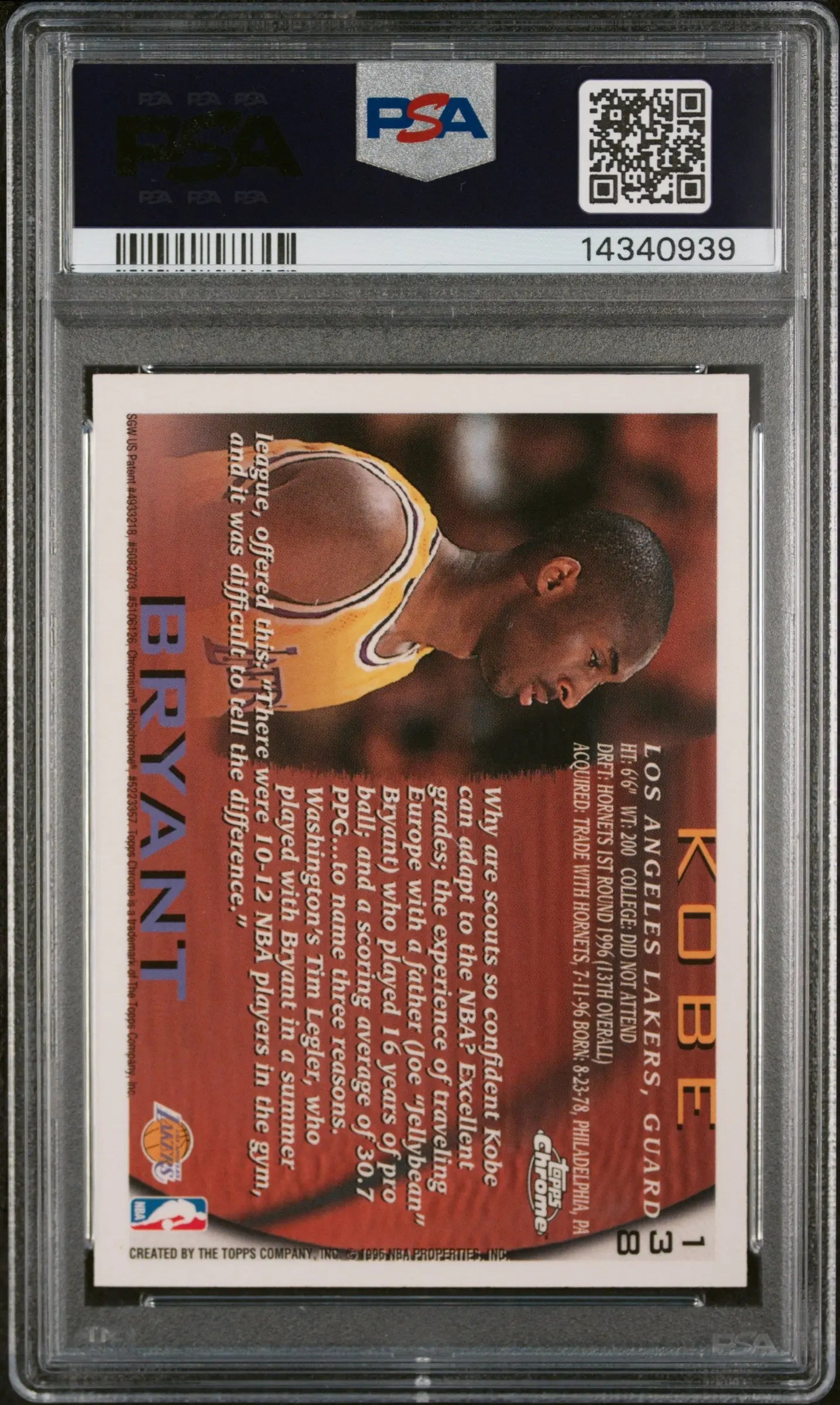1996 Topps Chrome Basketball Kobe Bryant RC Rookie #138 PSA 10 