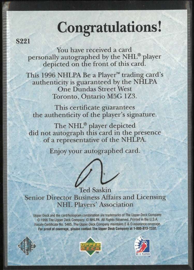 1996 Upper Deck Be A Player Ice Wars Autograph Bob Probert Auto 