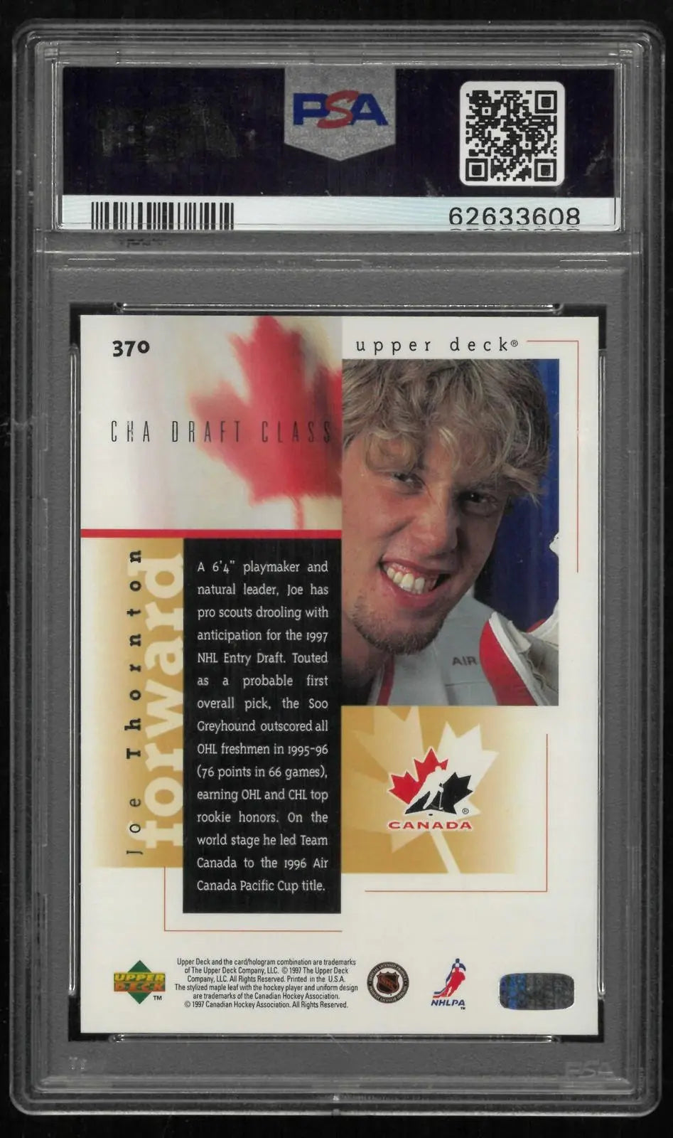 1996 Upper Deck C.H.A Draft Class Program of Excellence Joe Thornton PSA 10 