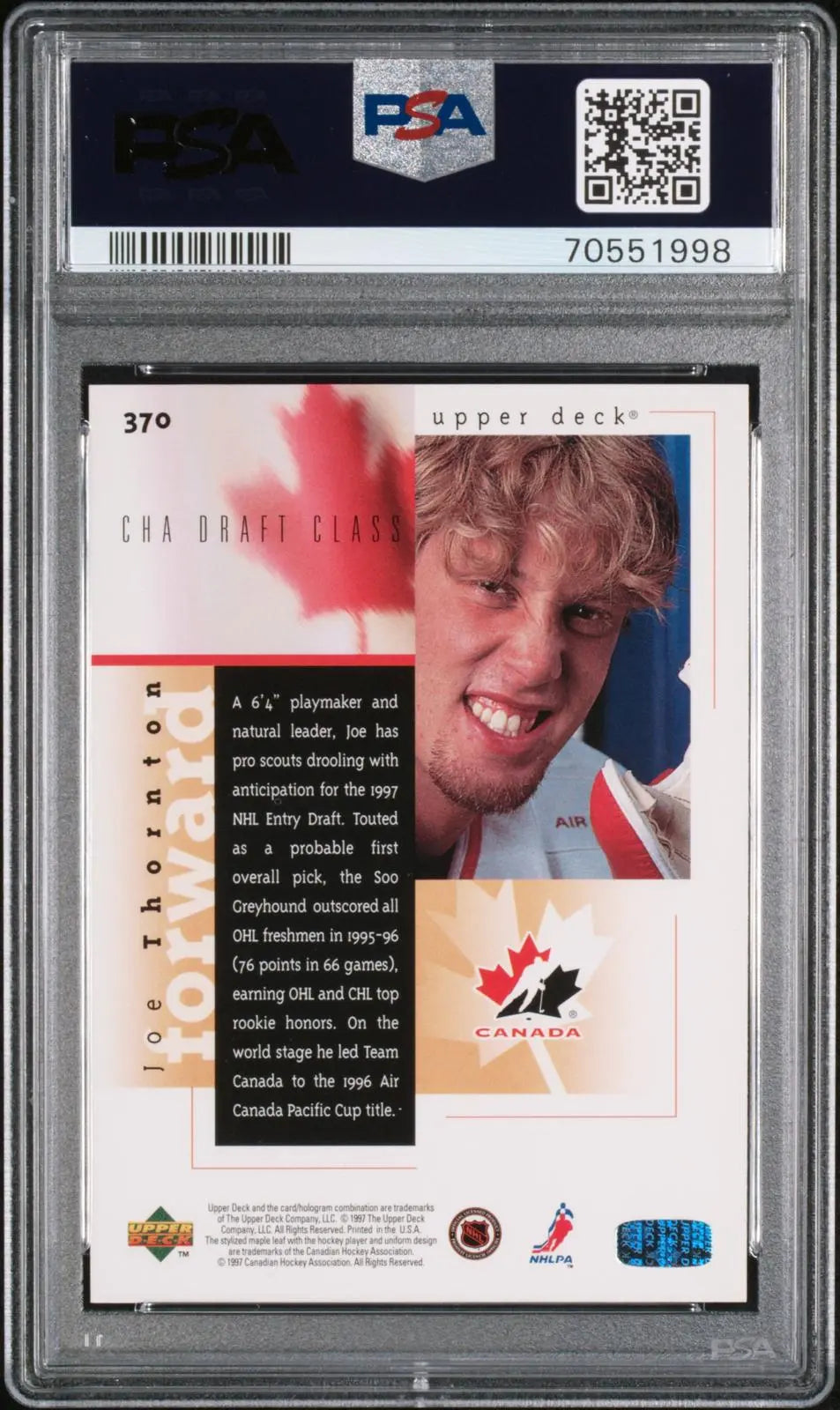 1996 Upper Deck C.H.A Draft Class Program of Excellence Joe Thornton PSA 10 