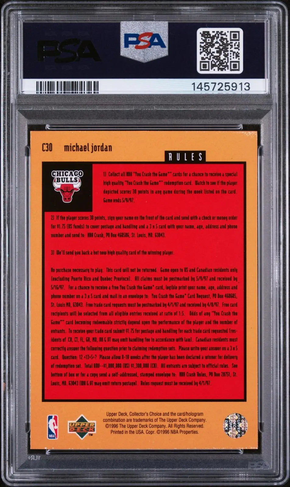 1996 Upper Deck Collector's Choice Crash The Game Michael Jordan Gold PSA 4 