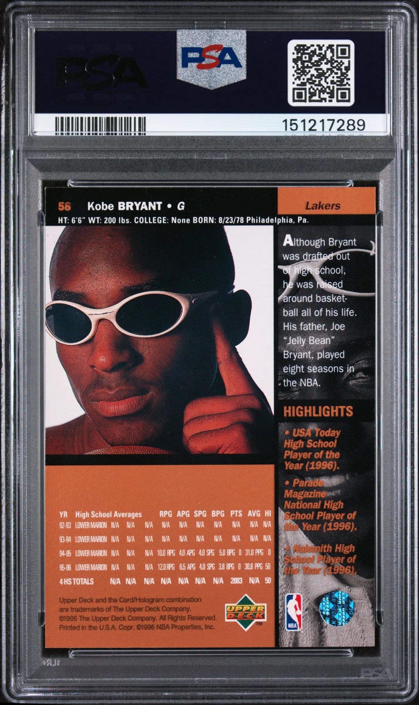 1996 Upper Deck Kobe Bryant PSA 8 