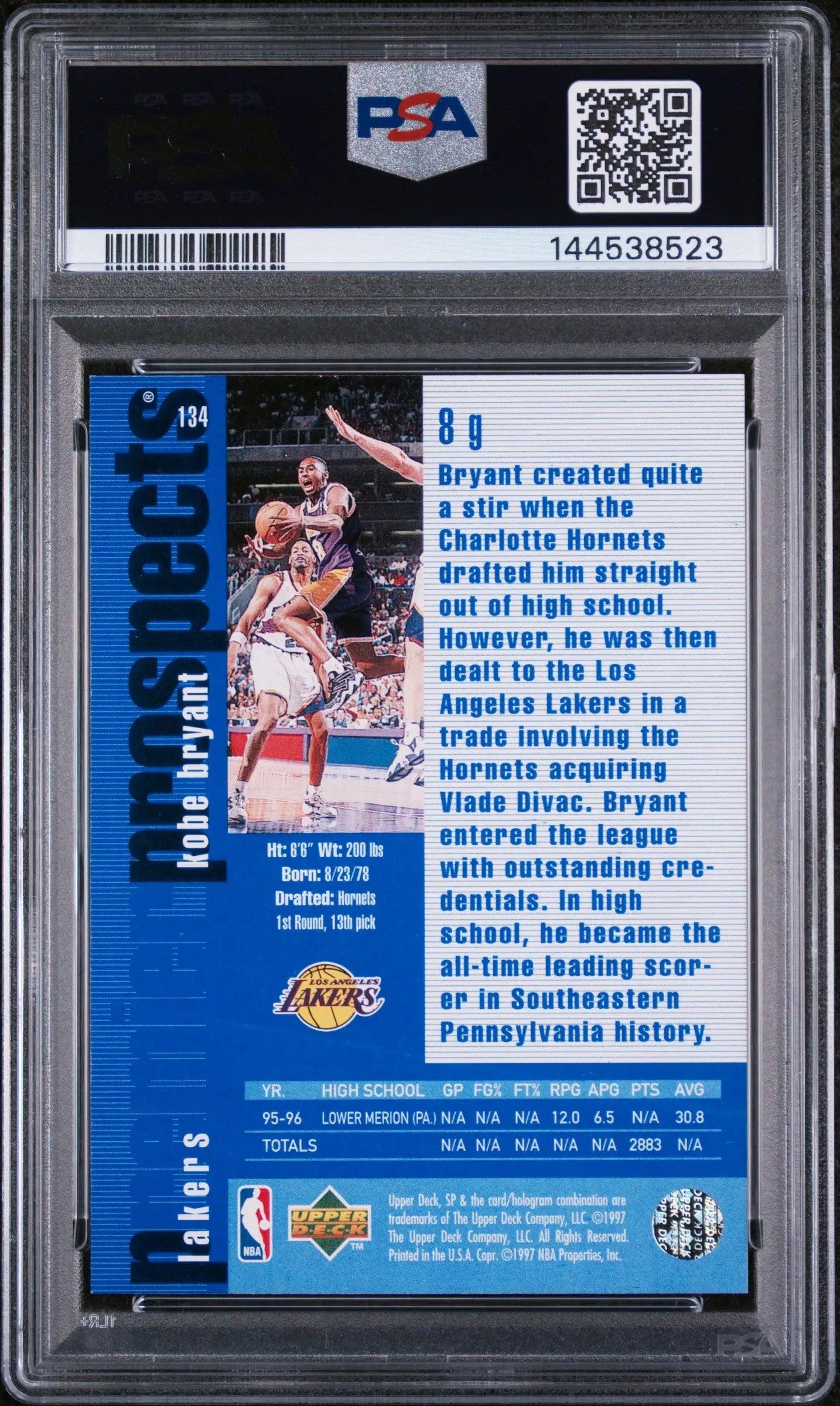 1996 Upper Deck Premier Prospect Rookie SP Kobe Bryant RC PSA 8 
