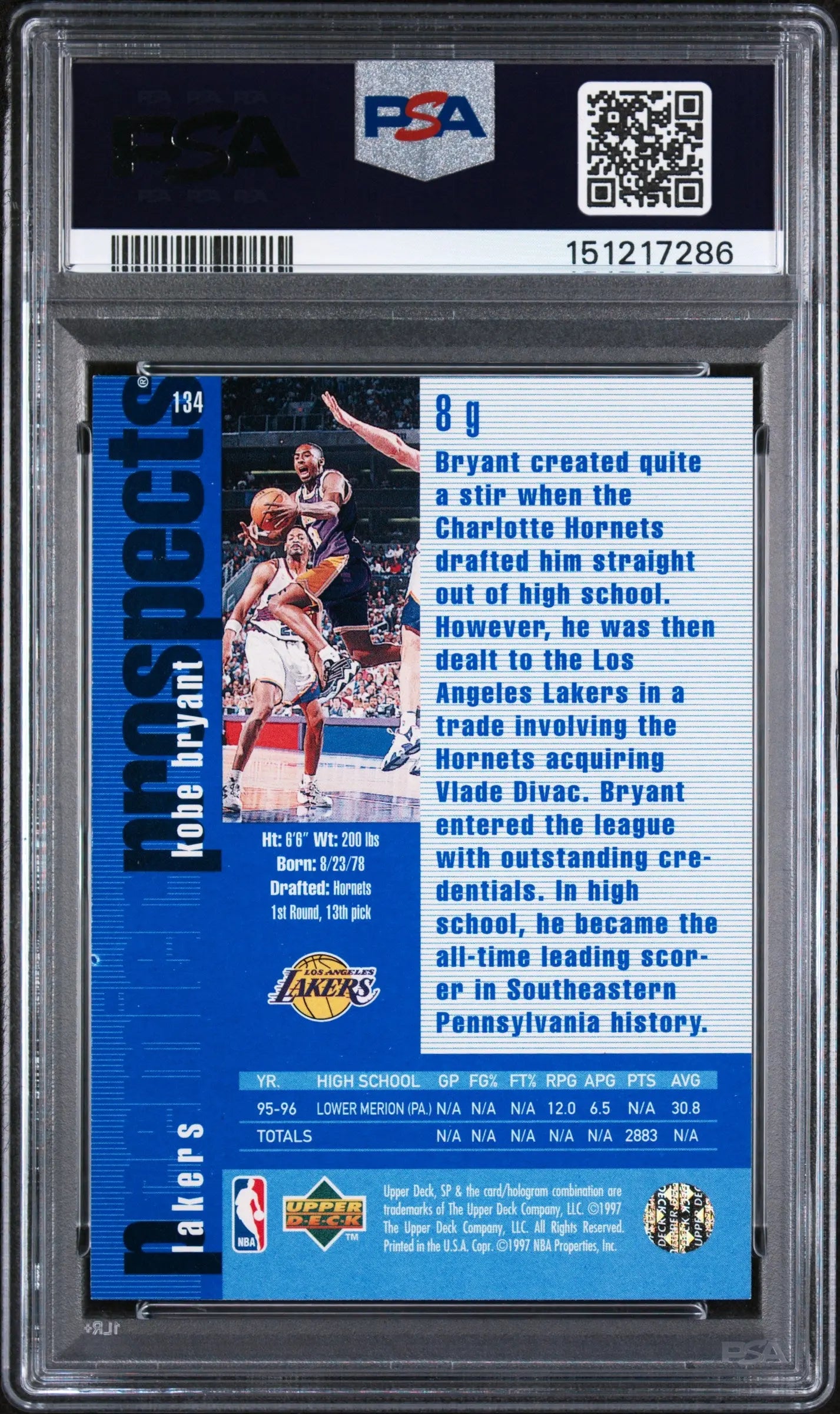 1996 Upper Deck SP Premier Prospects Rookie Kobe Bryant RC PSA 8 