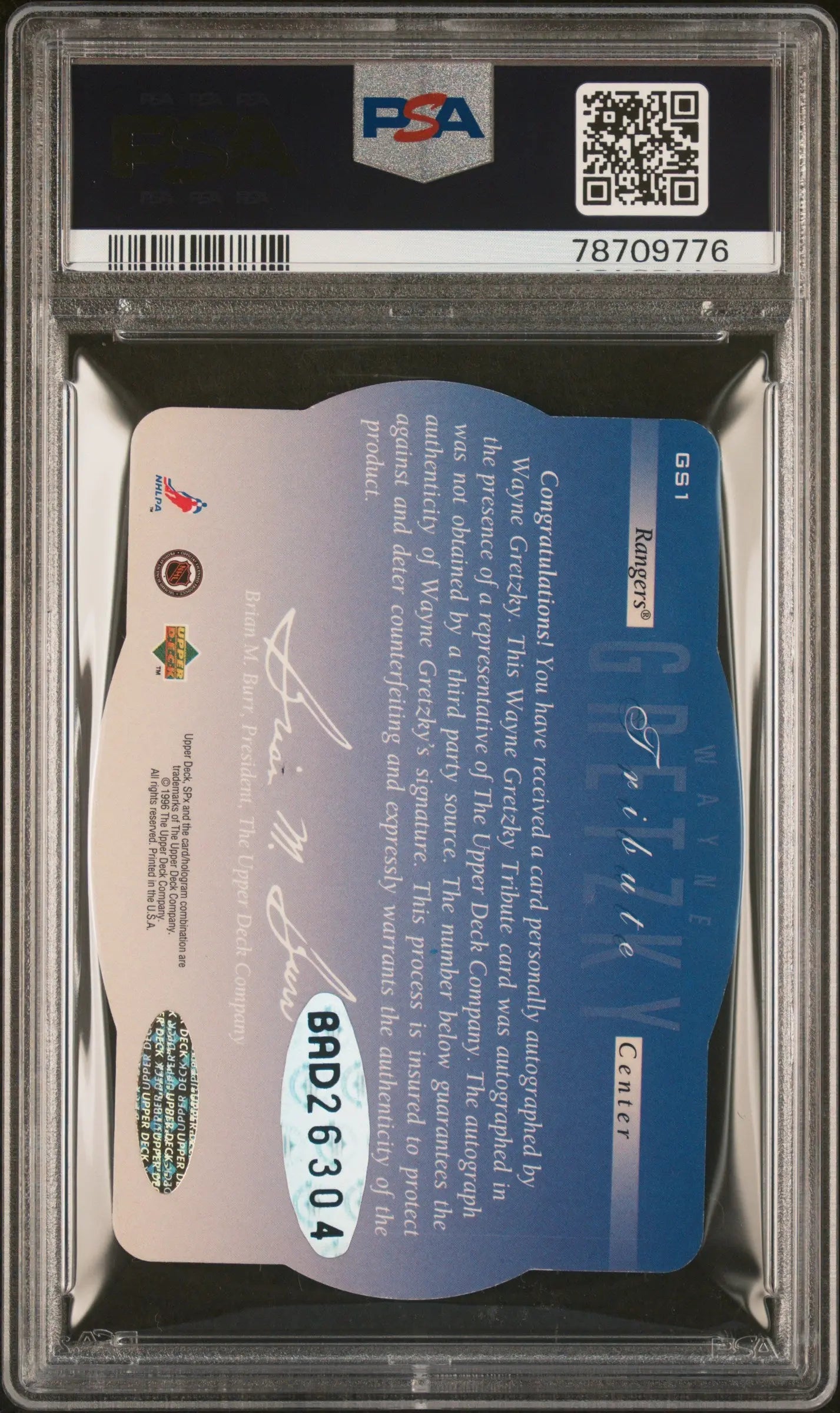 1996 Upper Deck SPX Tribute Autograph Wayne Gretzky #GS1 PSA A Auto 8 