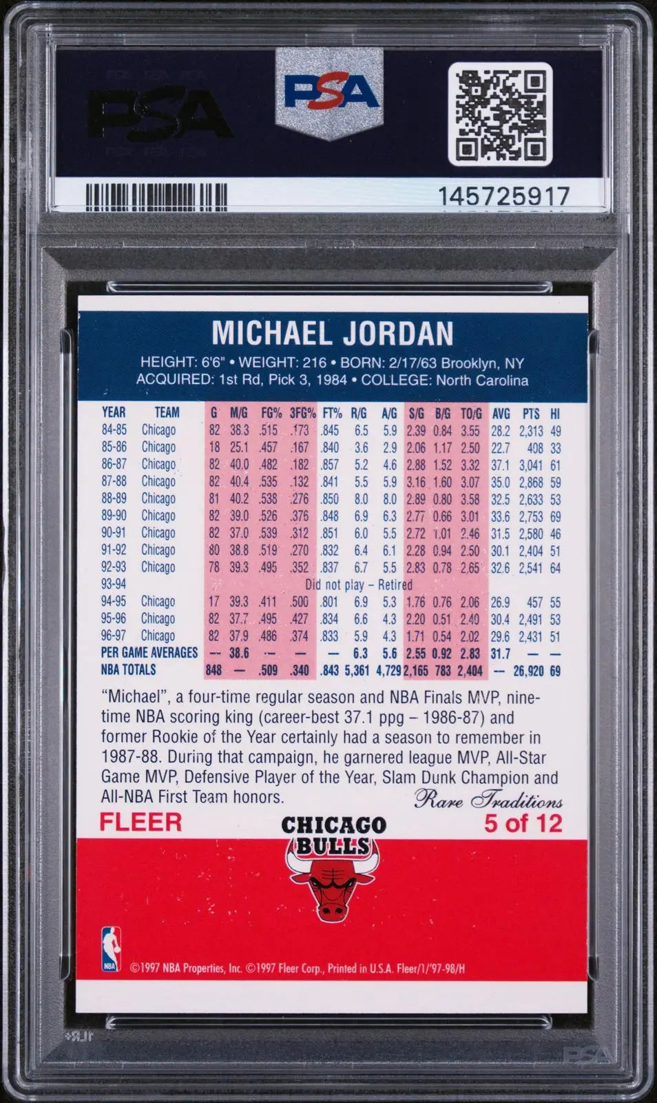 1997-98 Fleer Decade Of Excellence Michael Jordan Rare Traditions PSA 7 