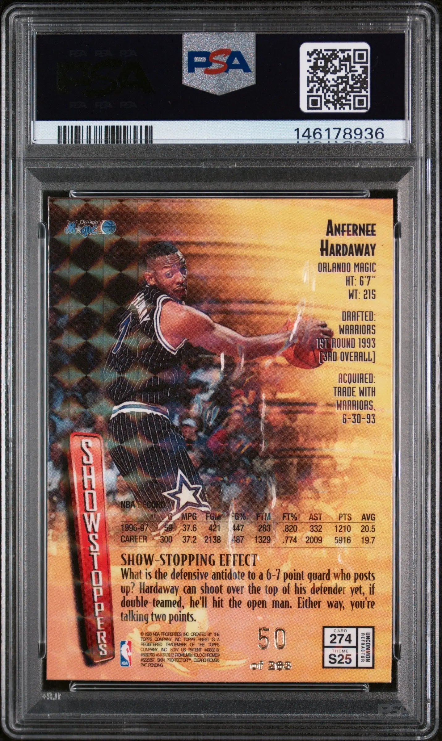 1997 Finest Showstoppers Embossed Anfernee Hardaway Refractor PSA 8 