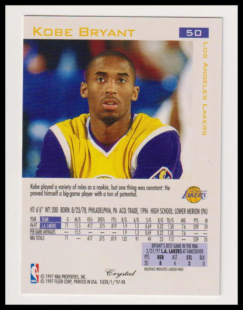 1997 Fleer Traditions Crystal Kobe Bryant 
