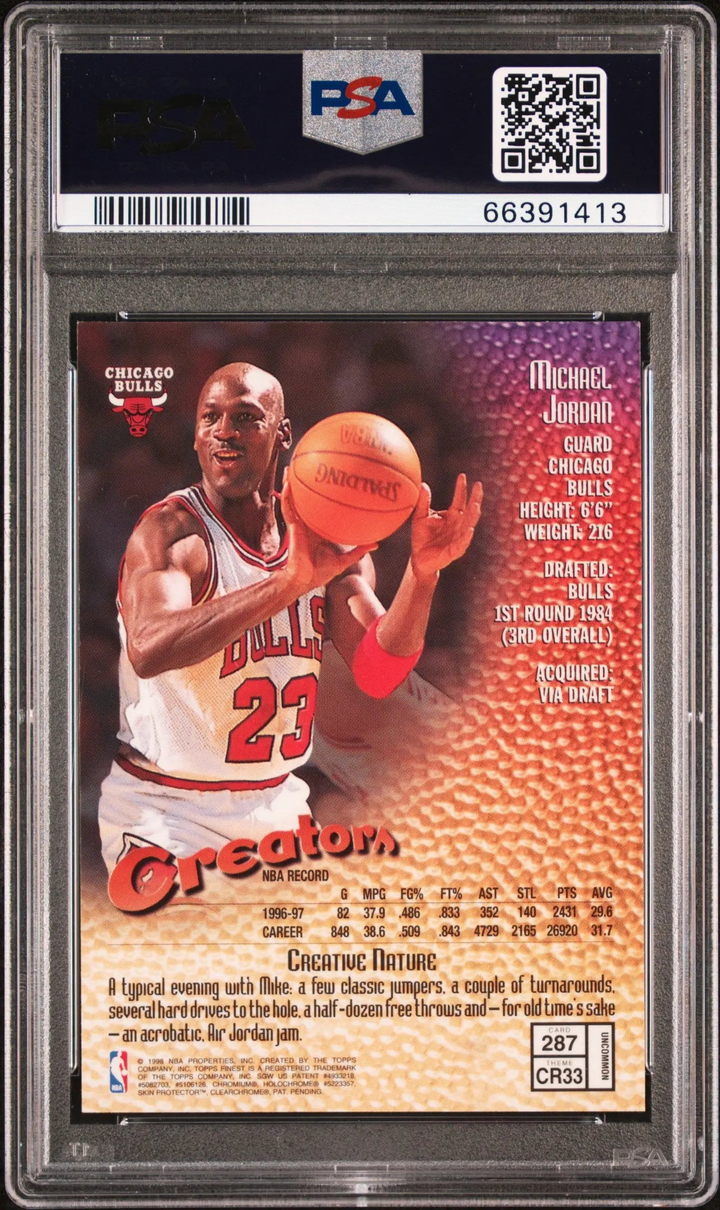 1997 Topps Finest Basketball Michael Jordan #287 w/ Coating PSA 8 