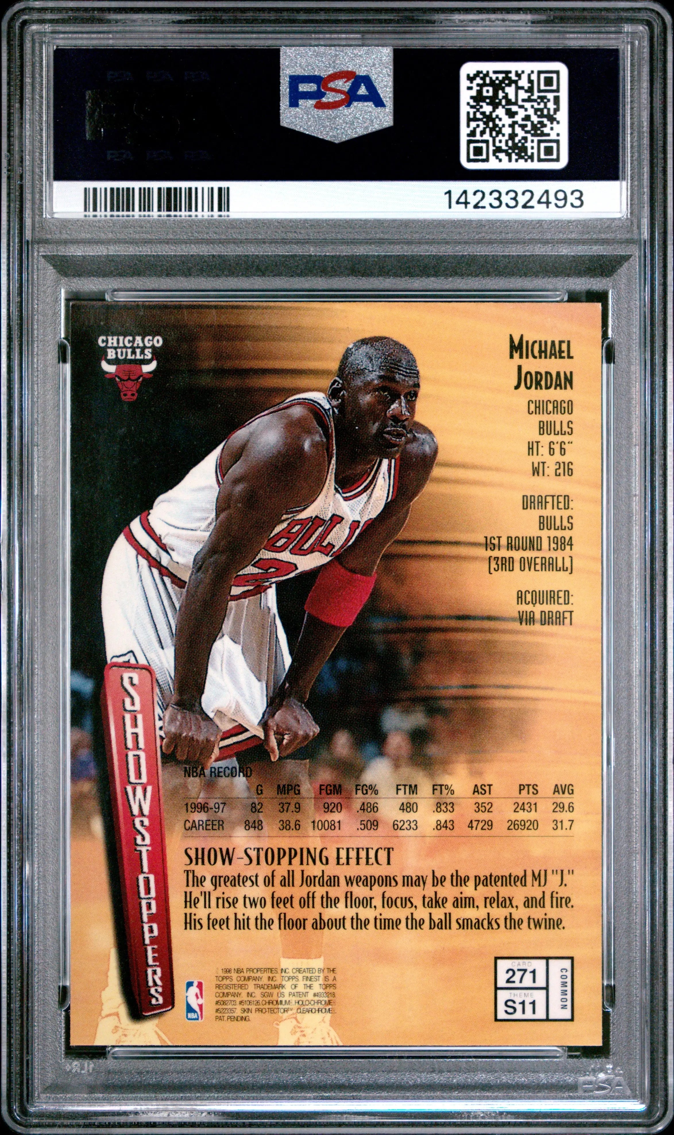 1997 Topps Finest Michael Jordan Show Stoppers #271 With Coating PSA 8 