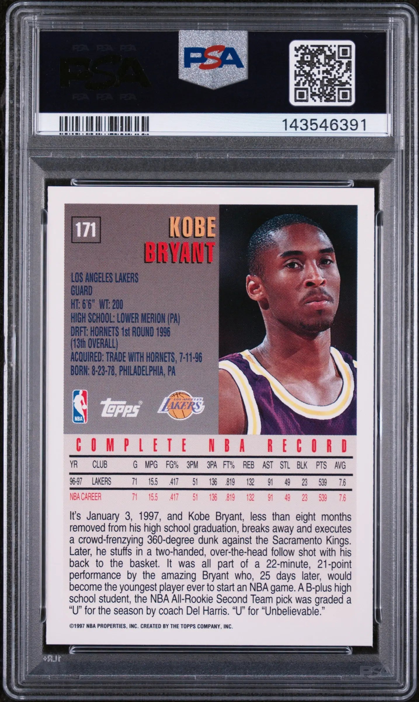 1997 Topps Kobe Bryant  PSA 10 