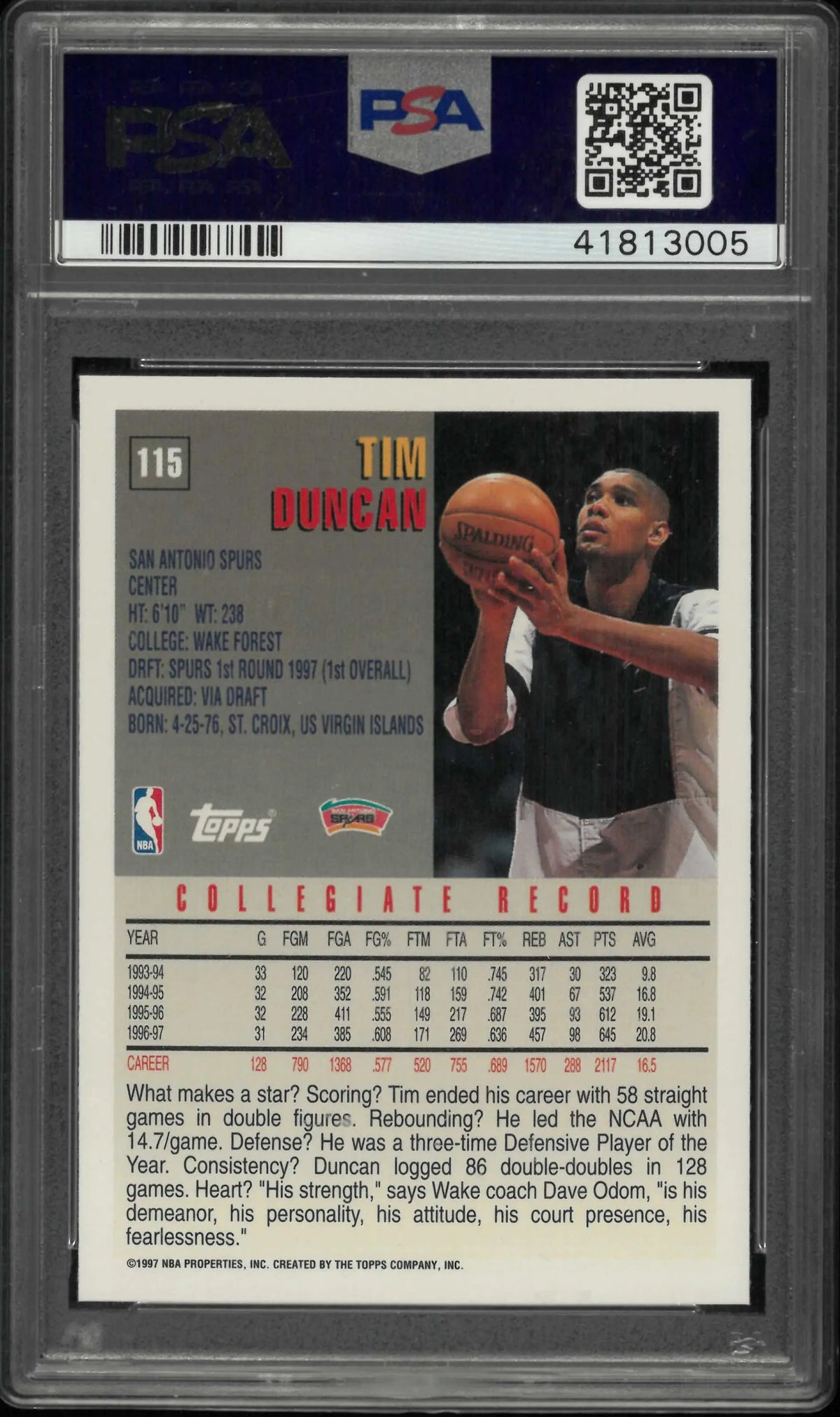 1997 Topps Rookie Tim Duncan RC PSA 10 