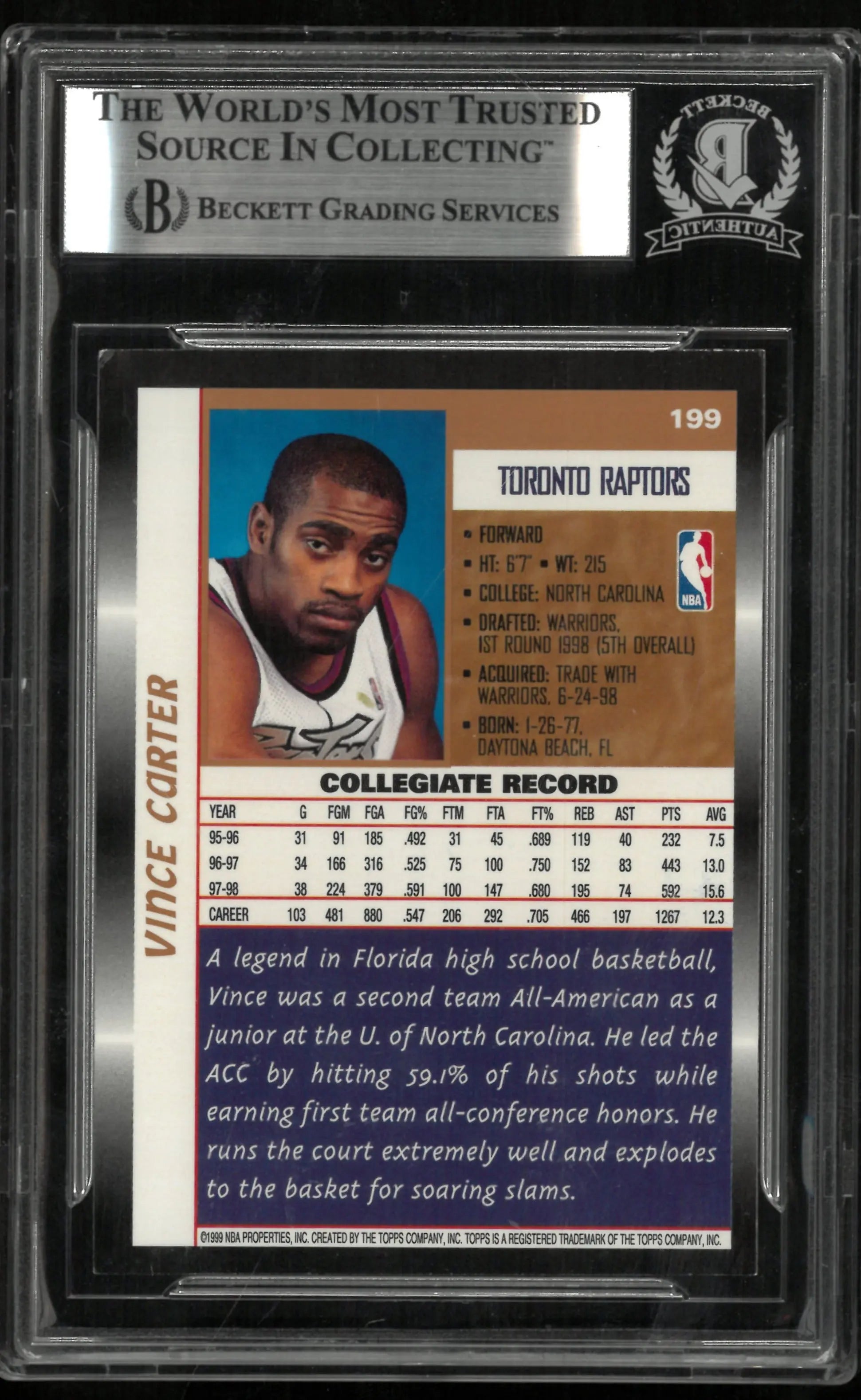 1998-99 Topps Basketball Vince Carter Rookie In Person Auto BGS Authentic 