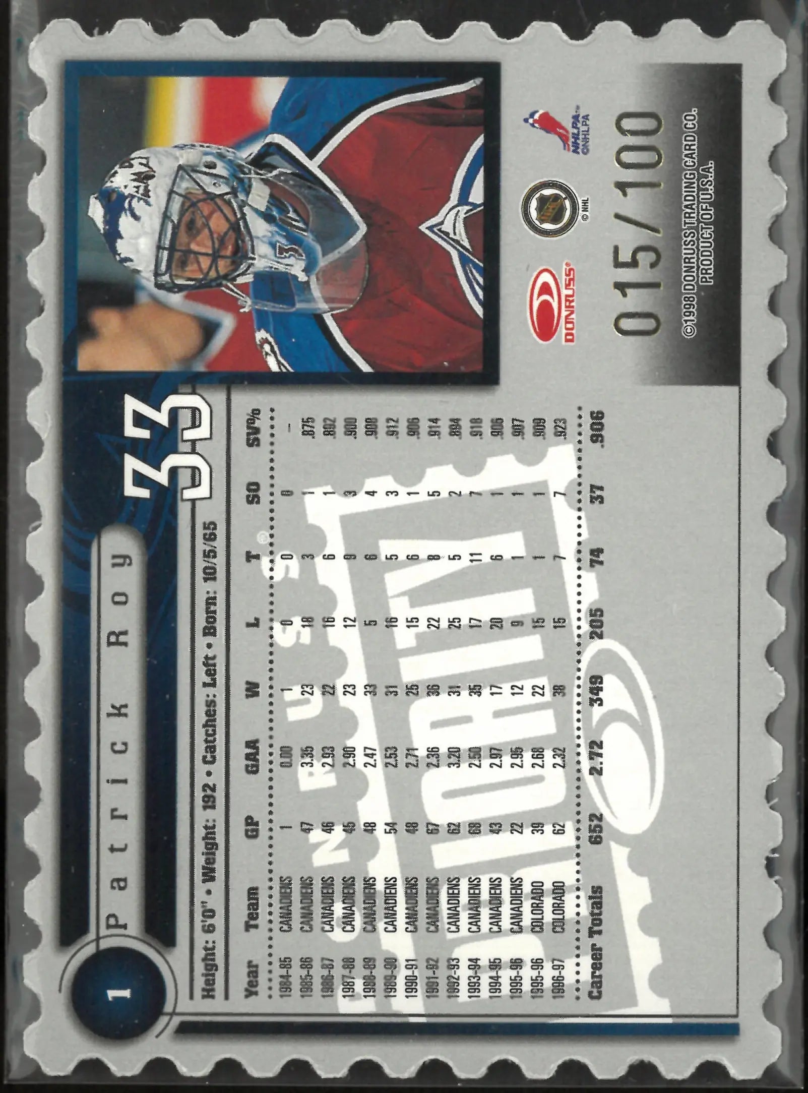 1998 Donruss Priority Hockey Stamp Of Approval Patrick Roy /100 