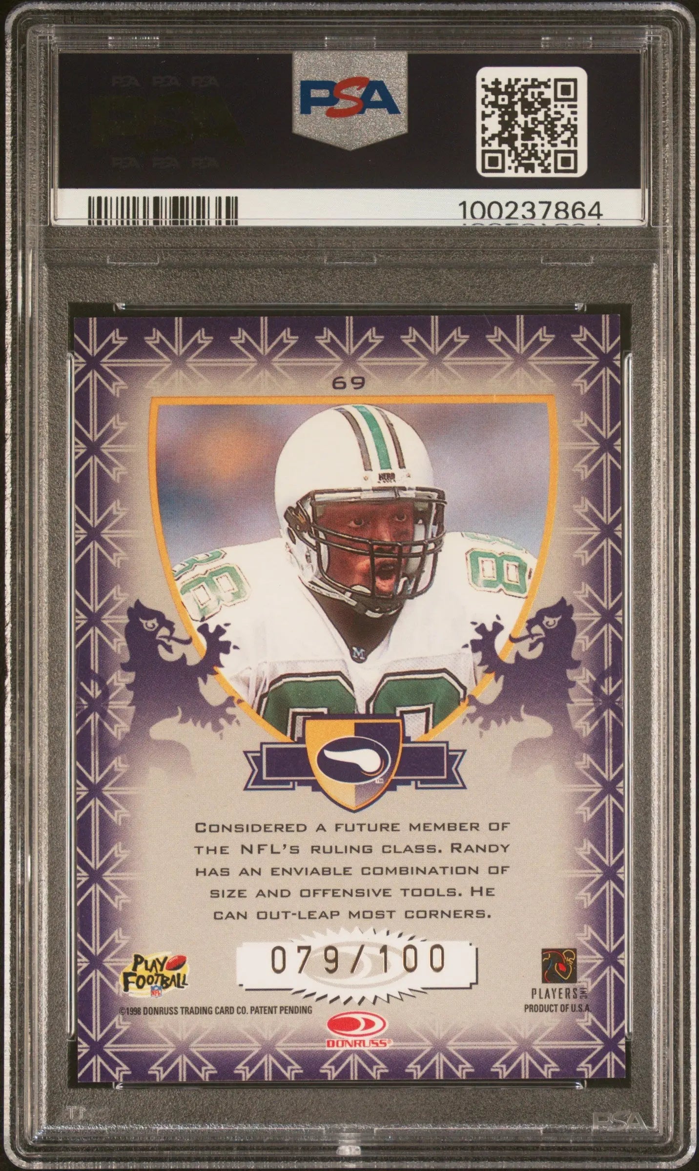 1998 Leaf R & S Crusade Randy Moss #69 Purple PSA 10 /100 