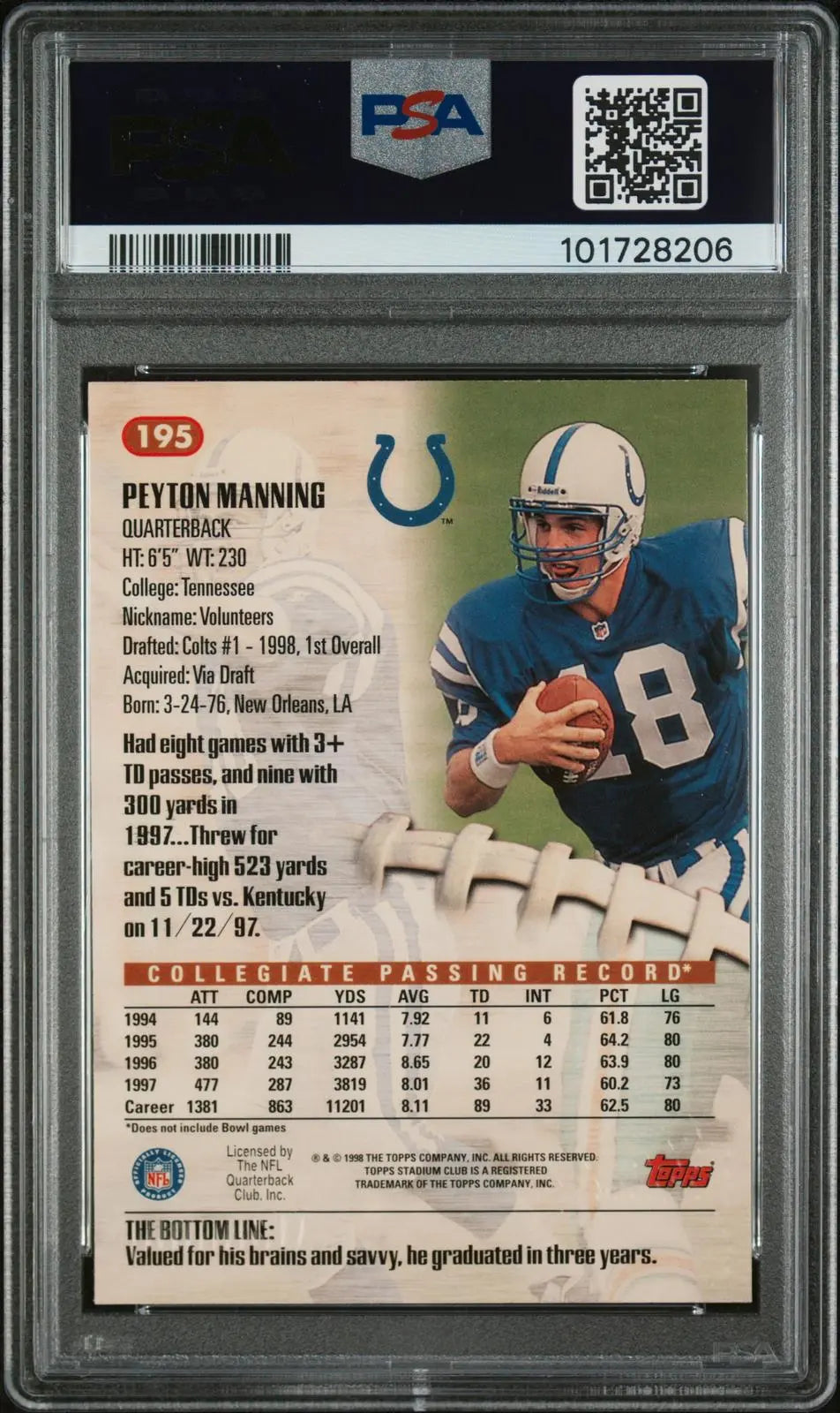 1998 Stadium Topps Club Rookie Peyton Manning RC PSA 10 