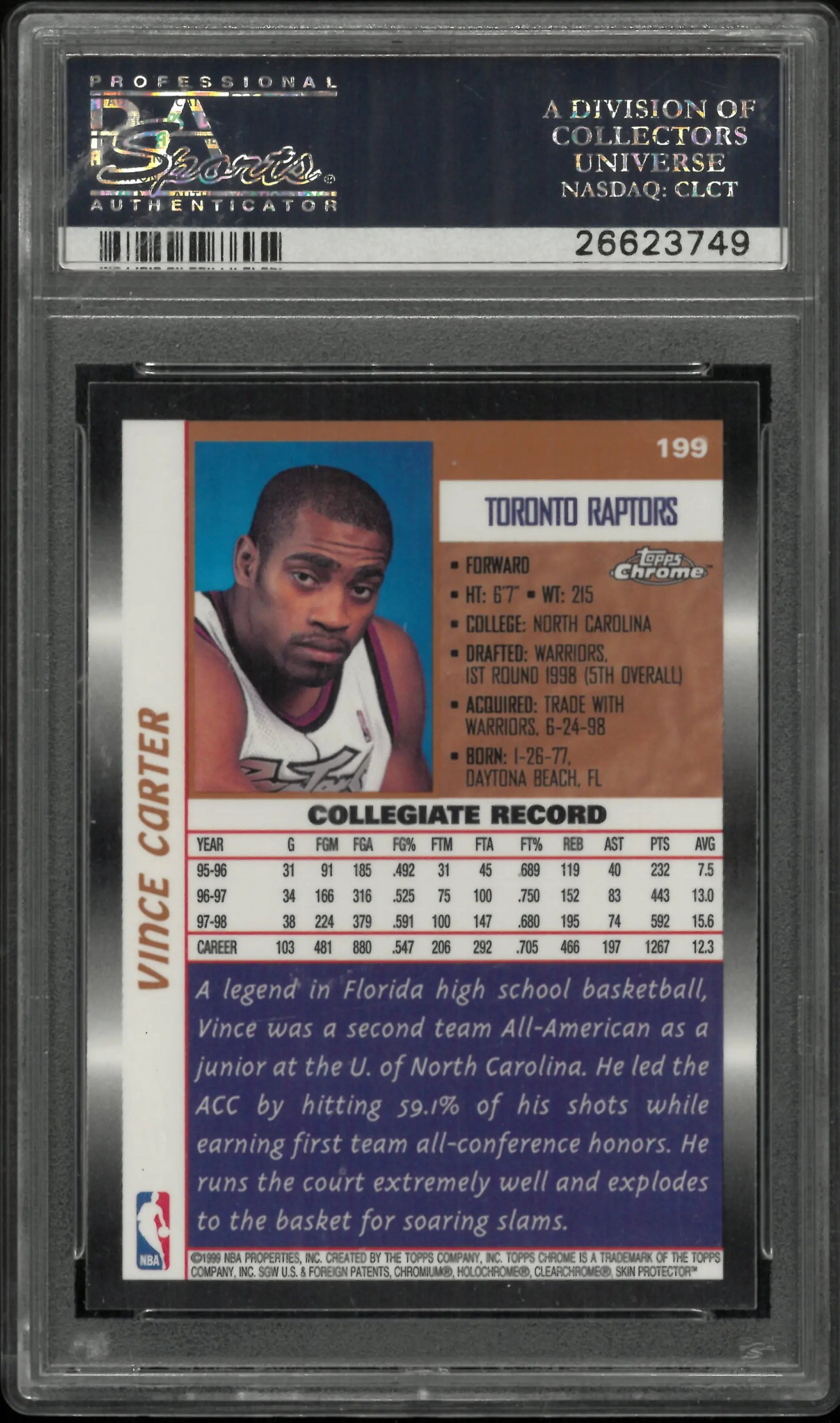 1998 Topps Chrome Rookie Vince Carter RC PSA 10 