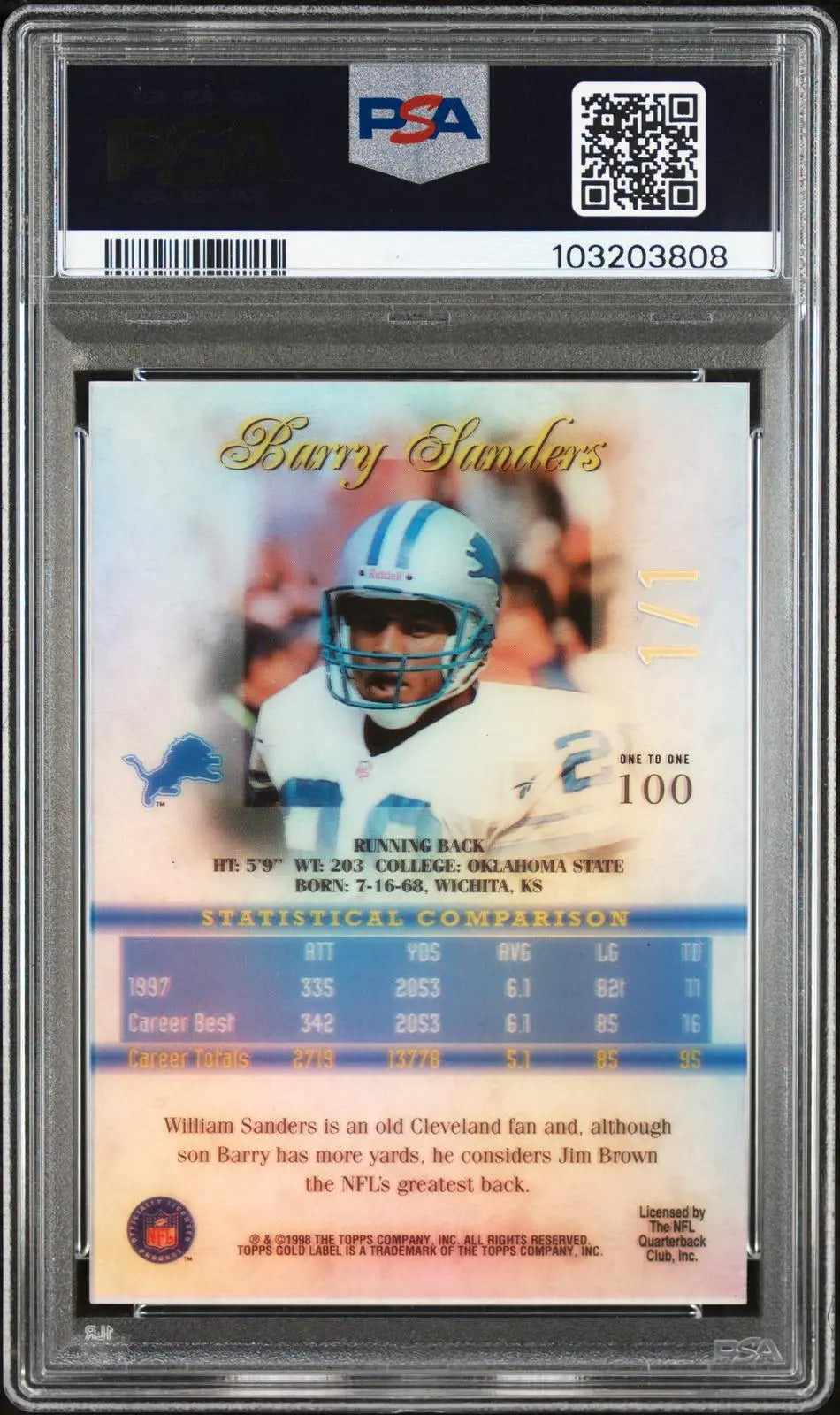 1998 Topps Gold Label Football Class 2 Barry Sanders 1/1 PSA 8 