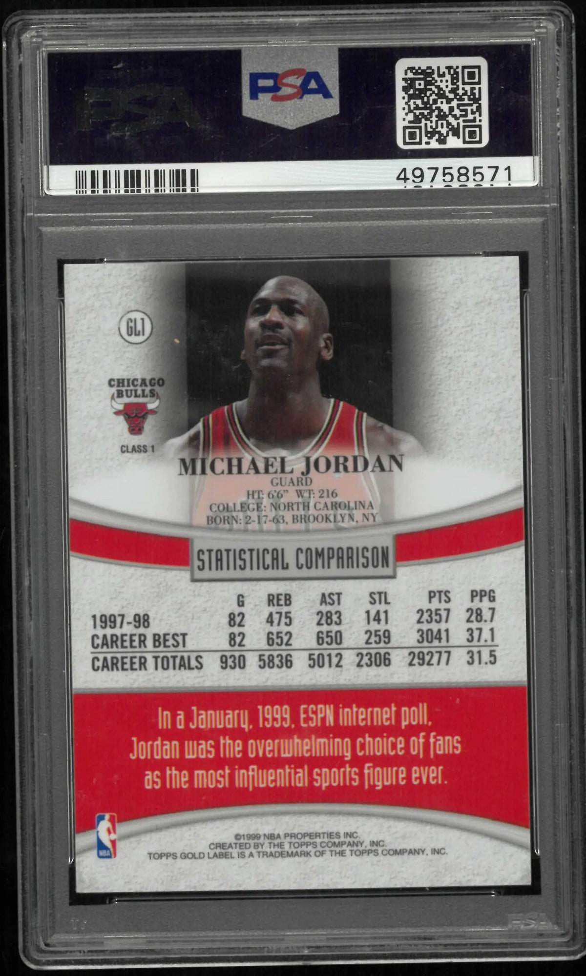 1998 Topps Gold Label Michael Jordan PSA 9 