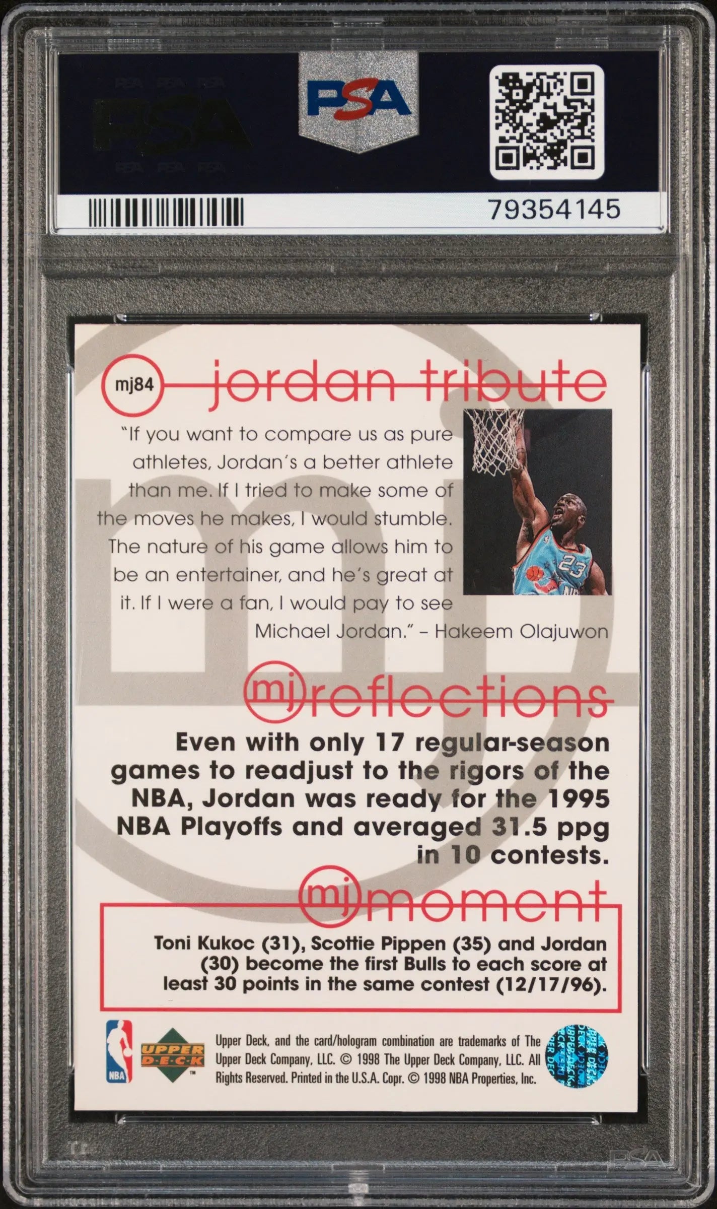 1998 Upper Deck Jordan Tribute Michael Jordan MJ Reflections PSA 10 
