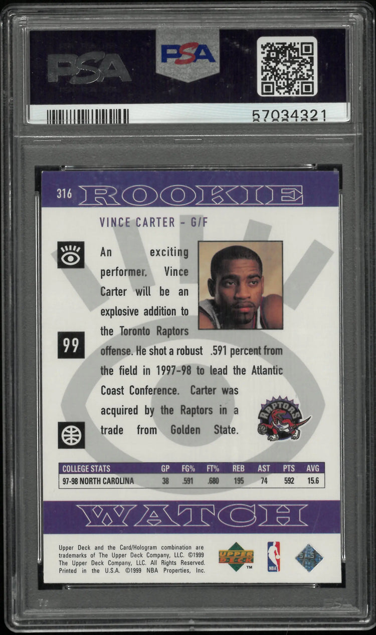 1998 Upper Deck Rookie Vince Carter RC PSA 8 