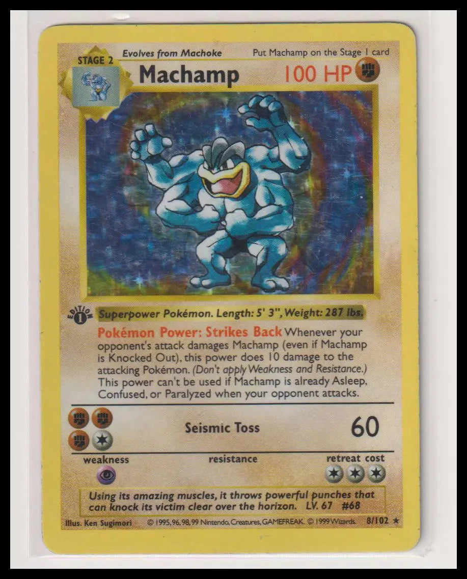 1999 Pokemon 1st Edition Machamp Holo Shadowless 8/102 MP 